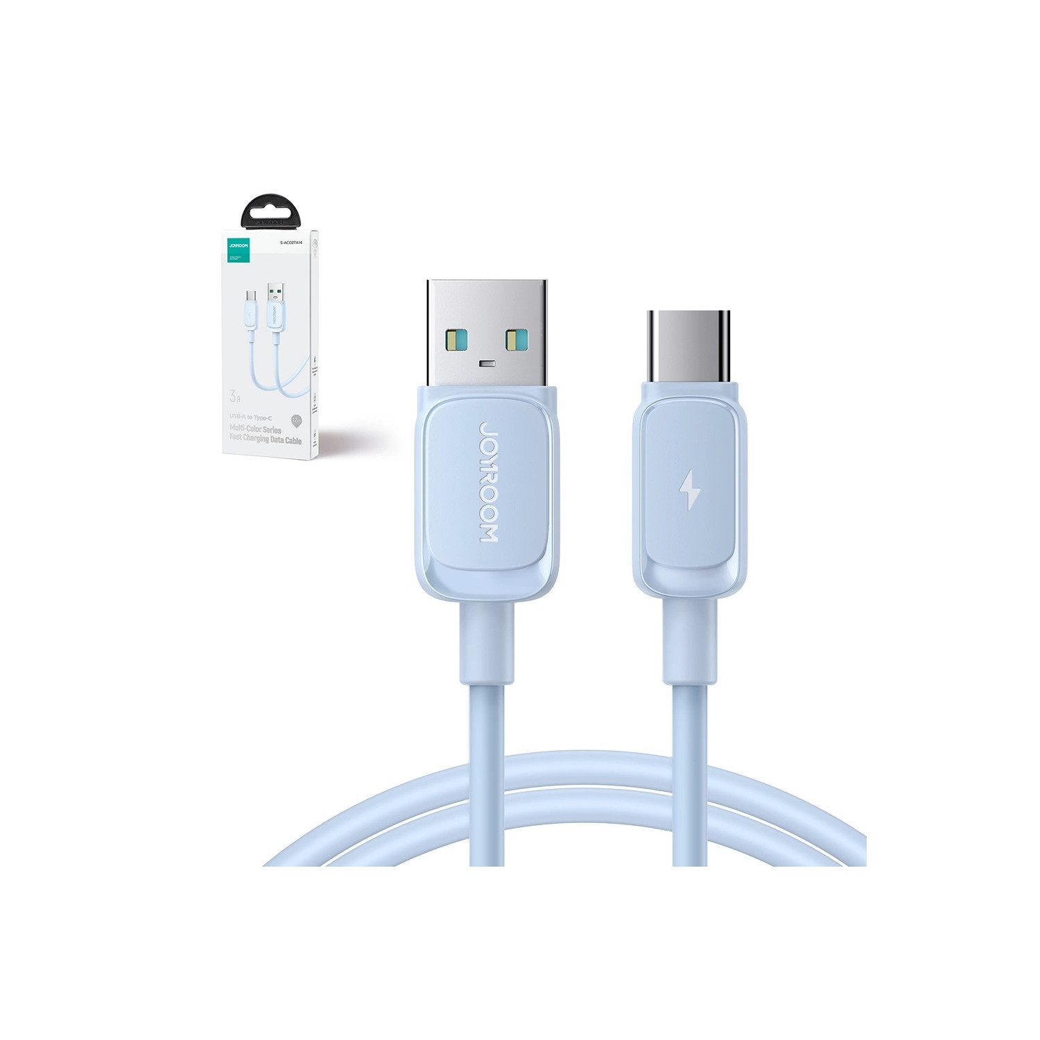 Ein hellblaues USB-zu-USB-C-Kabel mit einer Verpackung in der oberen linken Ecke.