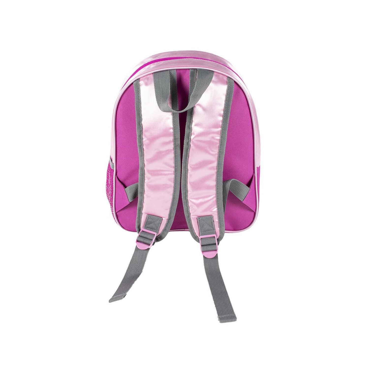 Rosa und grauer Rucksack mit grauen Trägern, von hinten gesehen.
