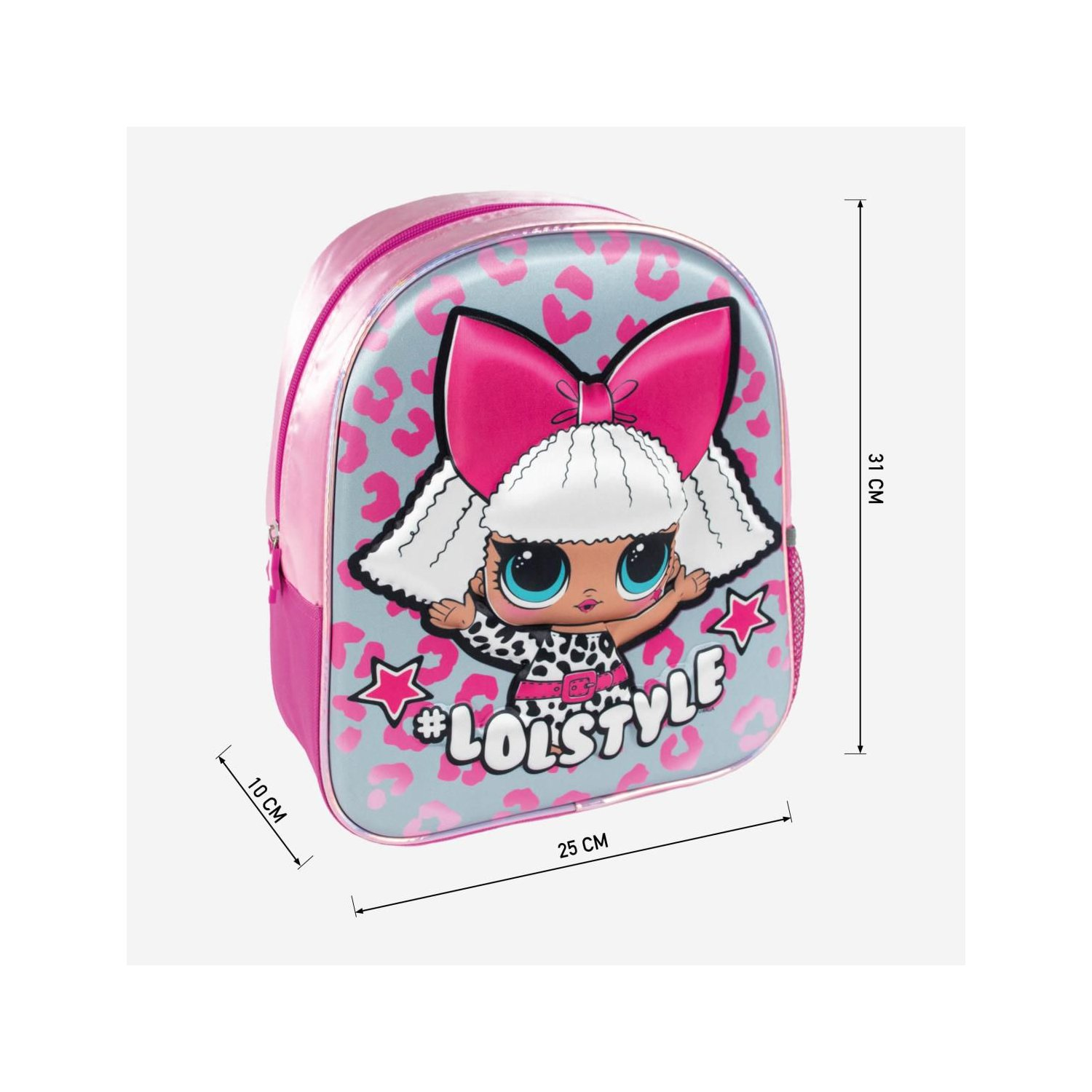 Ein pinkfarbener und grauer Rucksack mit einer Cartoon-Puppe und dem Schriftzug LOLSTYLE.