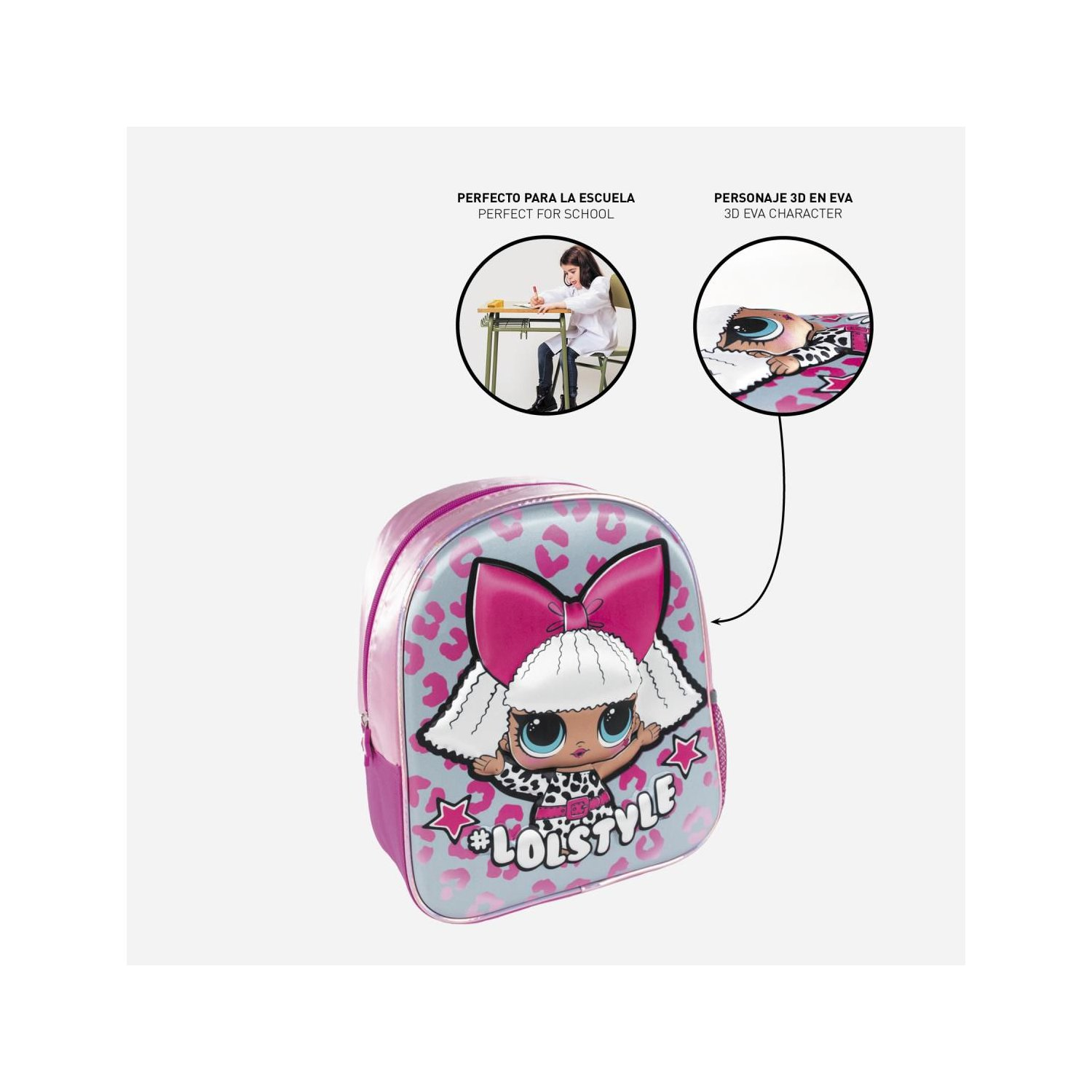 Ein rosa Rucksack mit einem Cartoon-Puppenbild und dem Text 'LOLSTYLE' wird angezeigt.