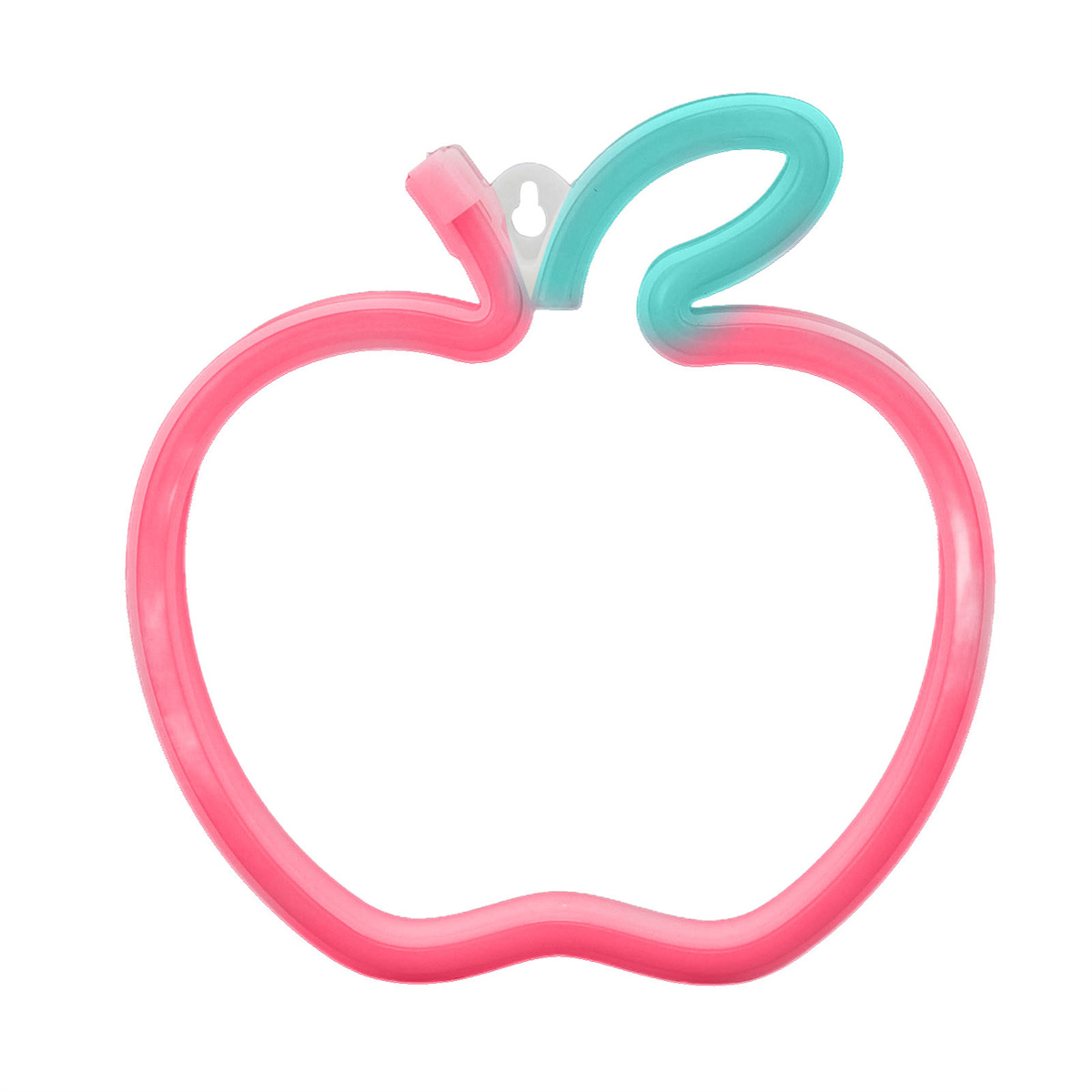 Neon-Apfelumriss in Rosa mit türkisfarbenem Stiel und weißer Wandhalterung.