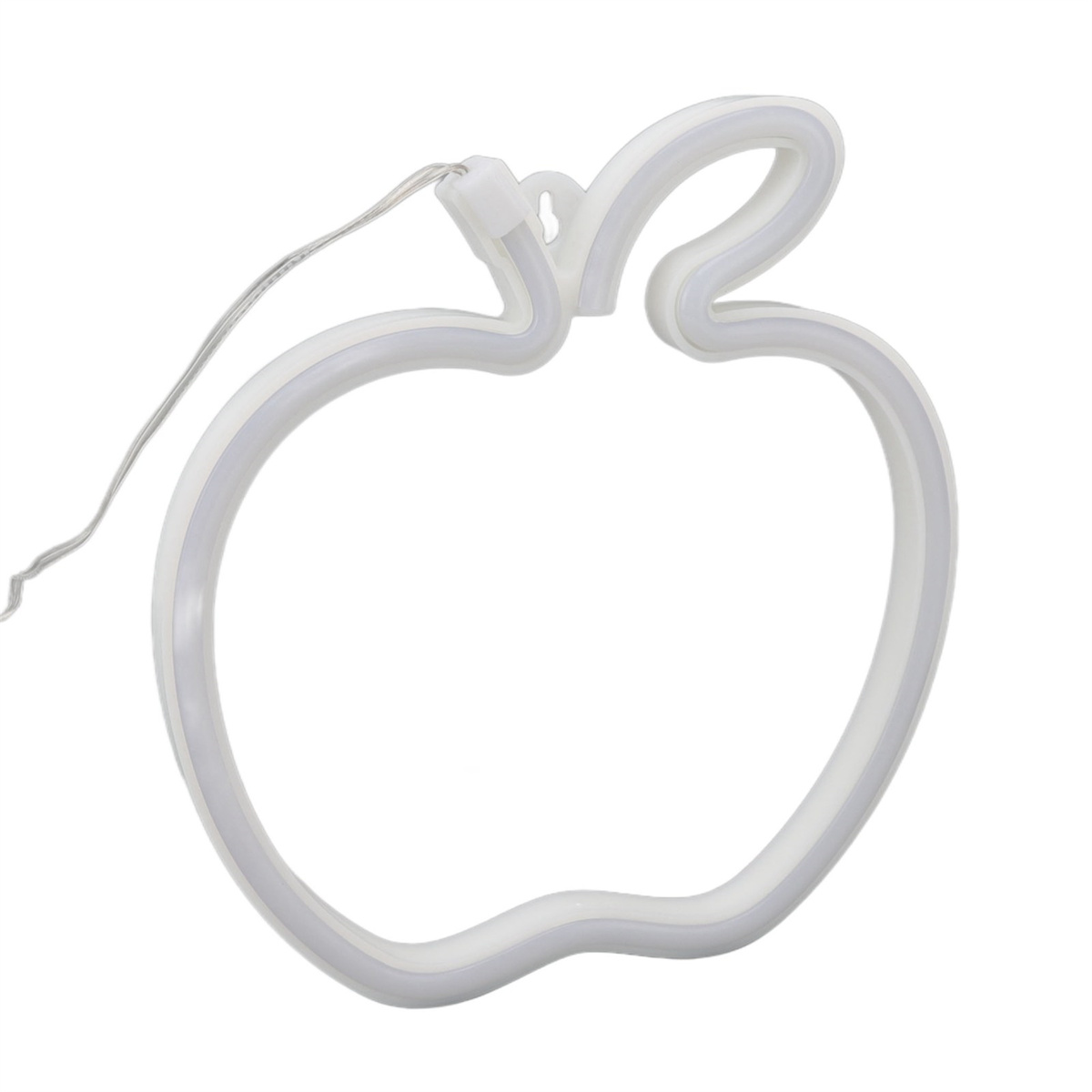 Weißes Neon-Apfel-Form. Ein dünner Draht erstreckt sich von der Oberseite. Die Form ist auf weißem Hintergrund.
