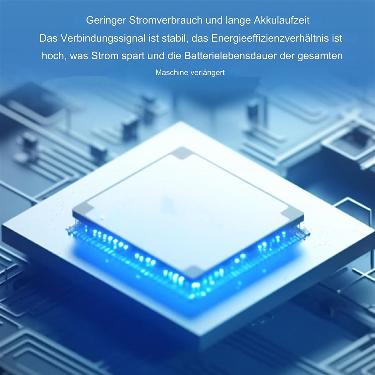Eine Nahaufnahme einer Leiterplatte mit Text und einem Mikrochip mit blauen Lichtern.
