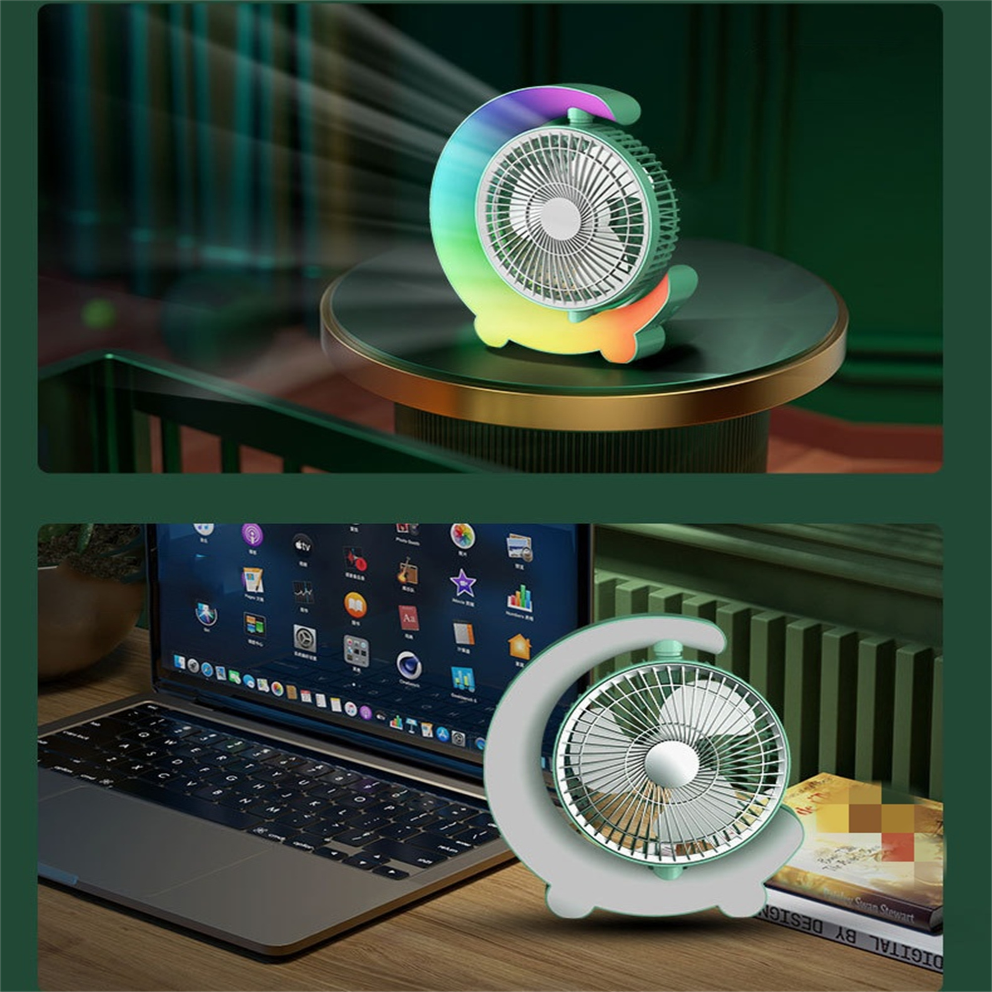 Zwei Bilder eines kleinen, weißen und grünen Lüfters. Eines auf einem Tisch, das andere in der Nähe eines Laptops.