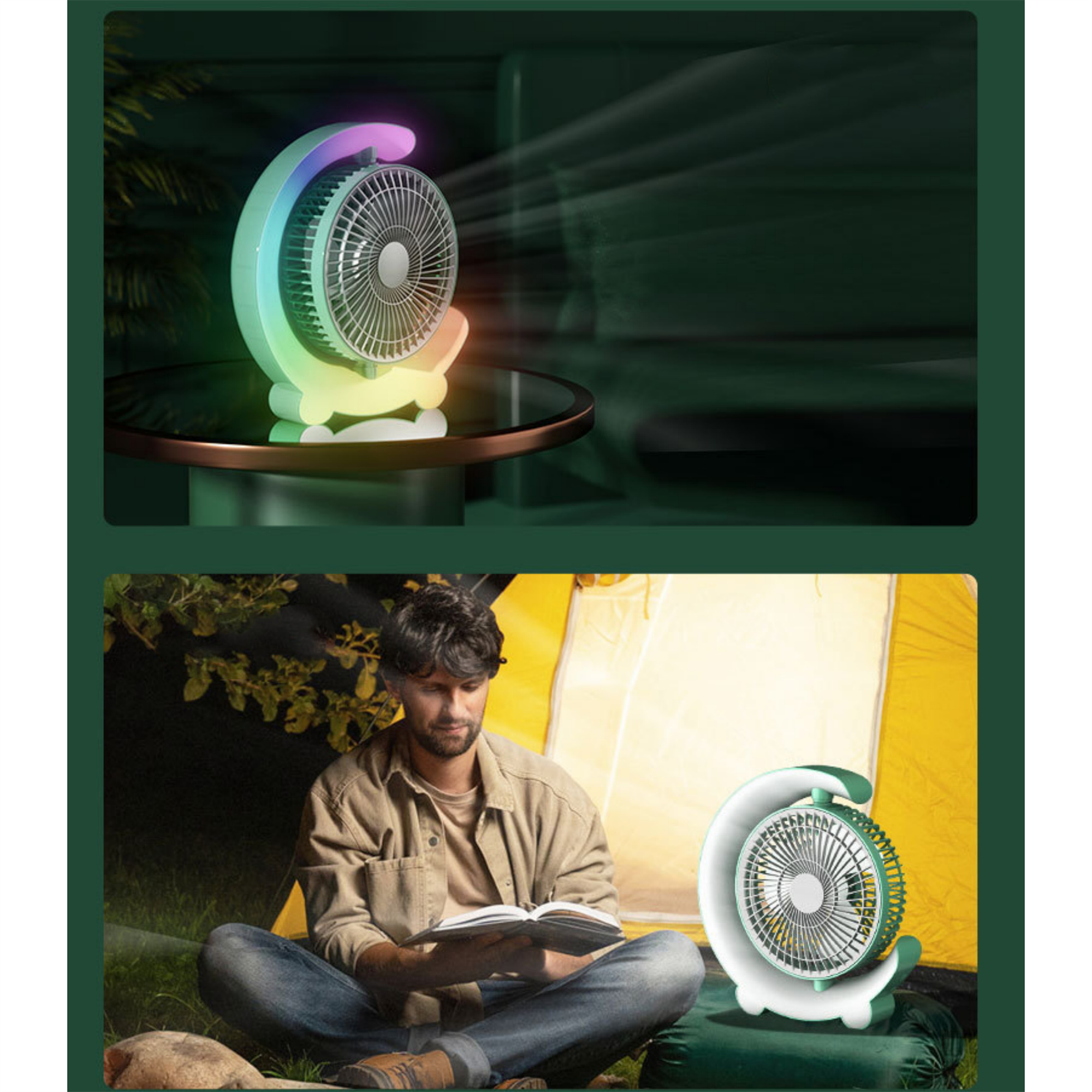 Ventilator mit farbigen Lichtern auf einem Tisch und im Gebrauch im Freien. Grüner Hintergrund.