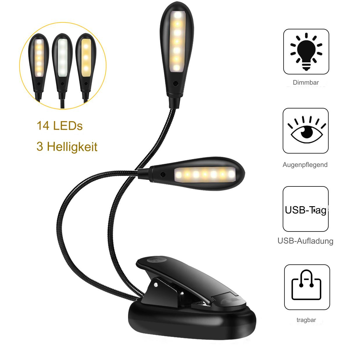 Schwarze Clip-on-LED-Leselampe mit drei Lichteinstellungen.