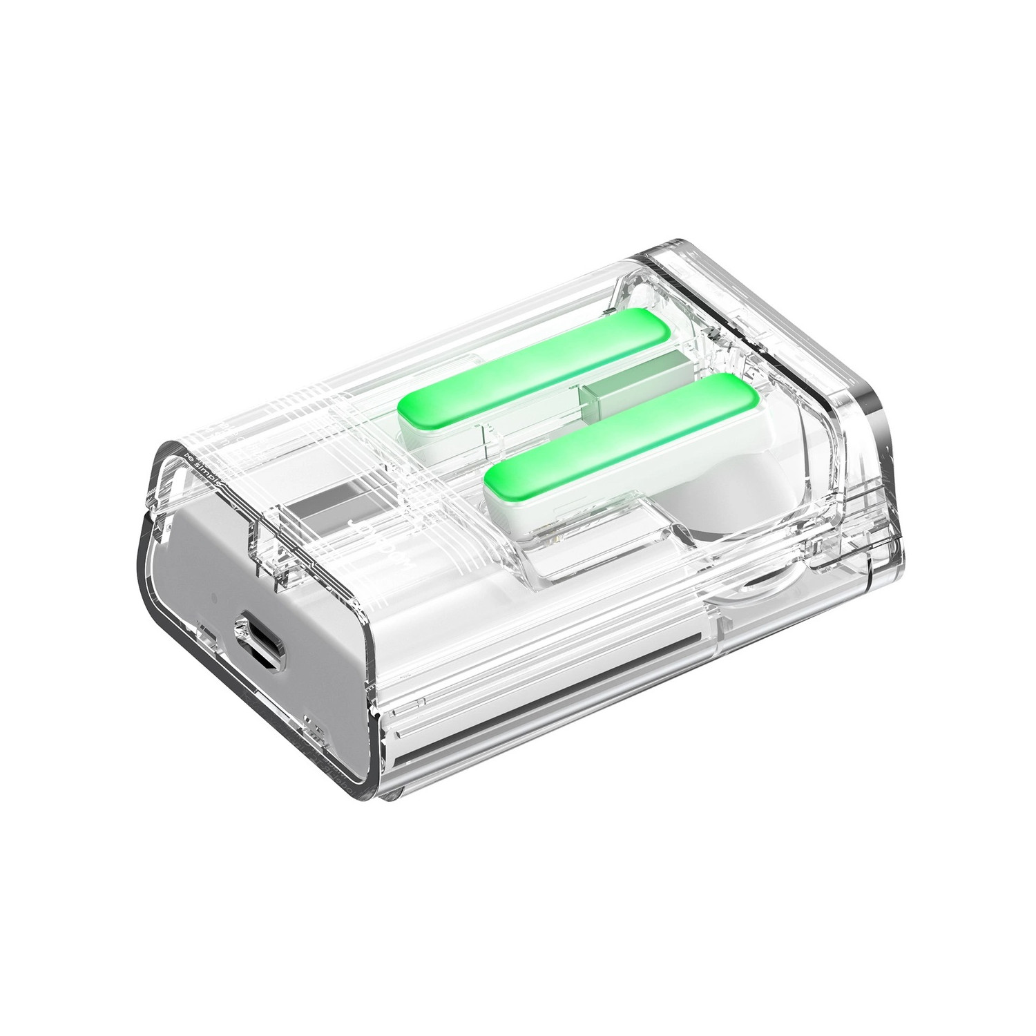 Przezroczyste urządzenie z dwoma zielonymi światłami, prawdopodobnie element ładujący lub wkład.