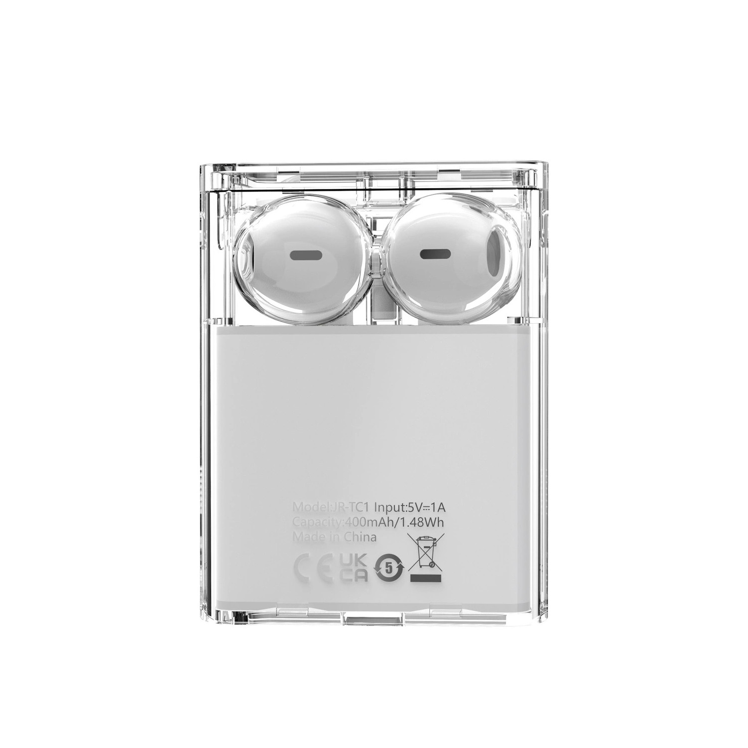 Białe słuchawki w przezroczystym etui, białe tło.