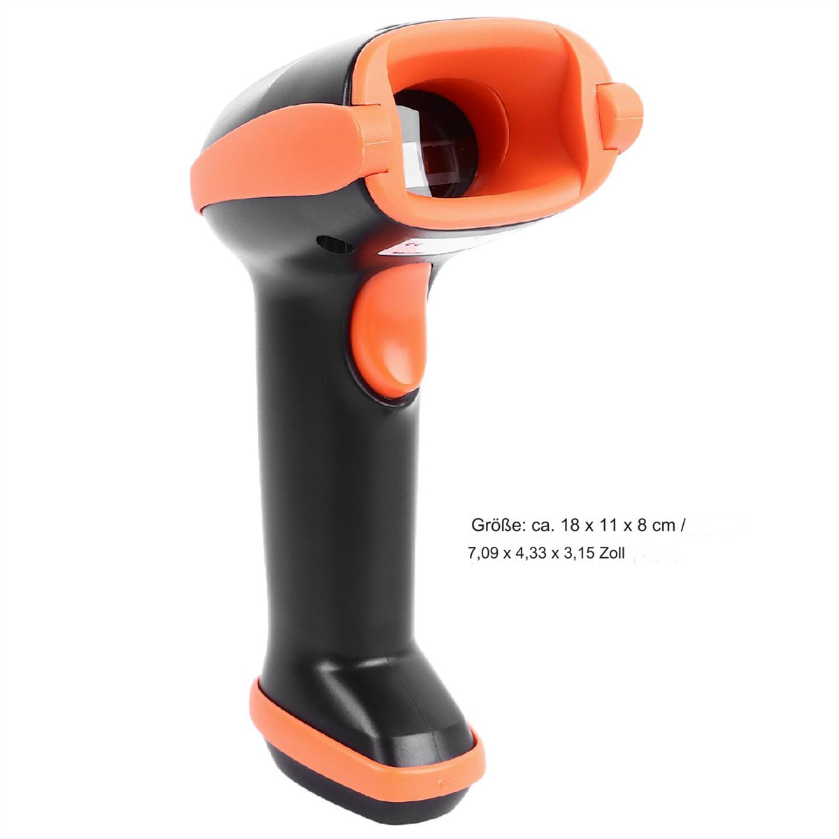 Schwarzer und orangener Barcode-Scanner mit Maßen.