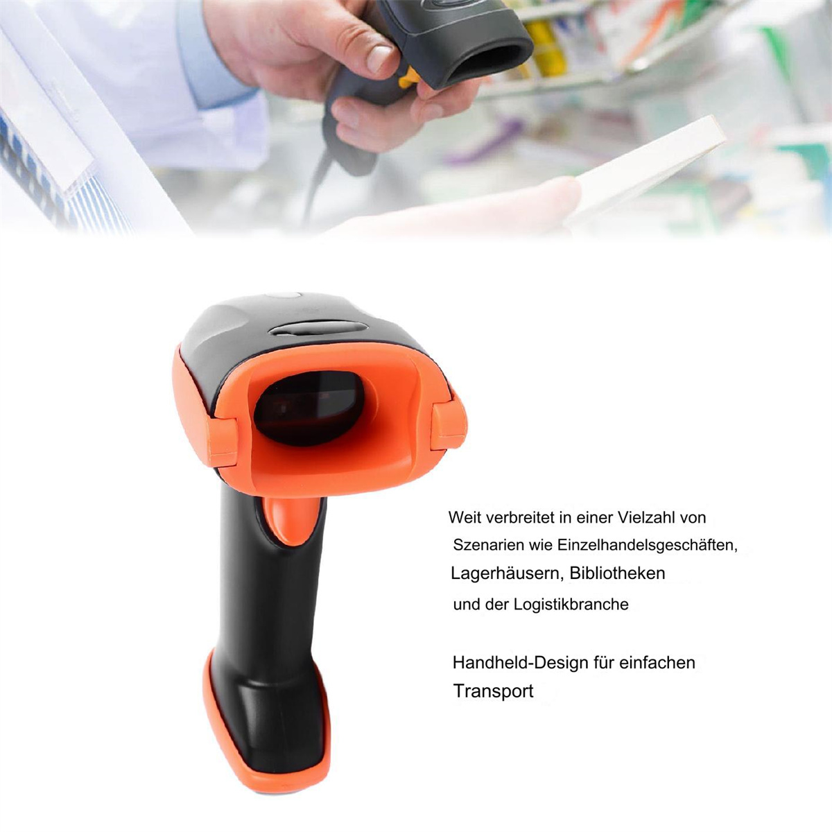 Oranger und schwarzer Barcodescanner. Text in Deutsch begleitet das Gerät.