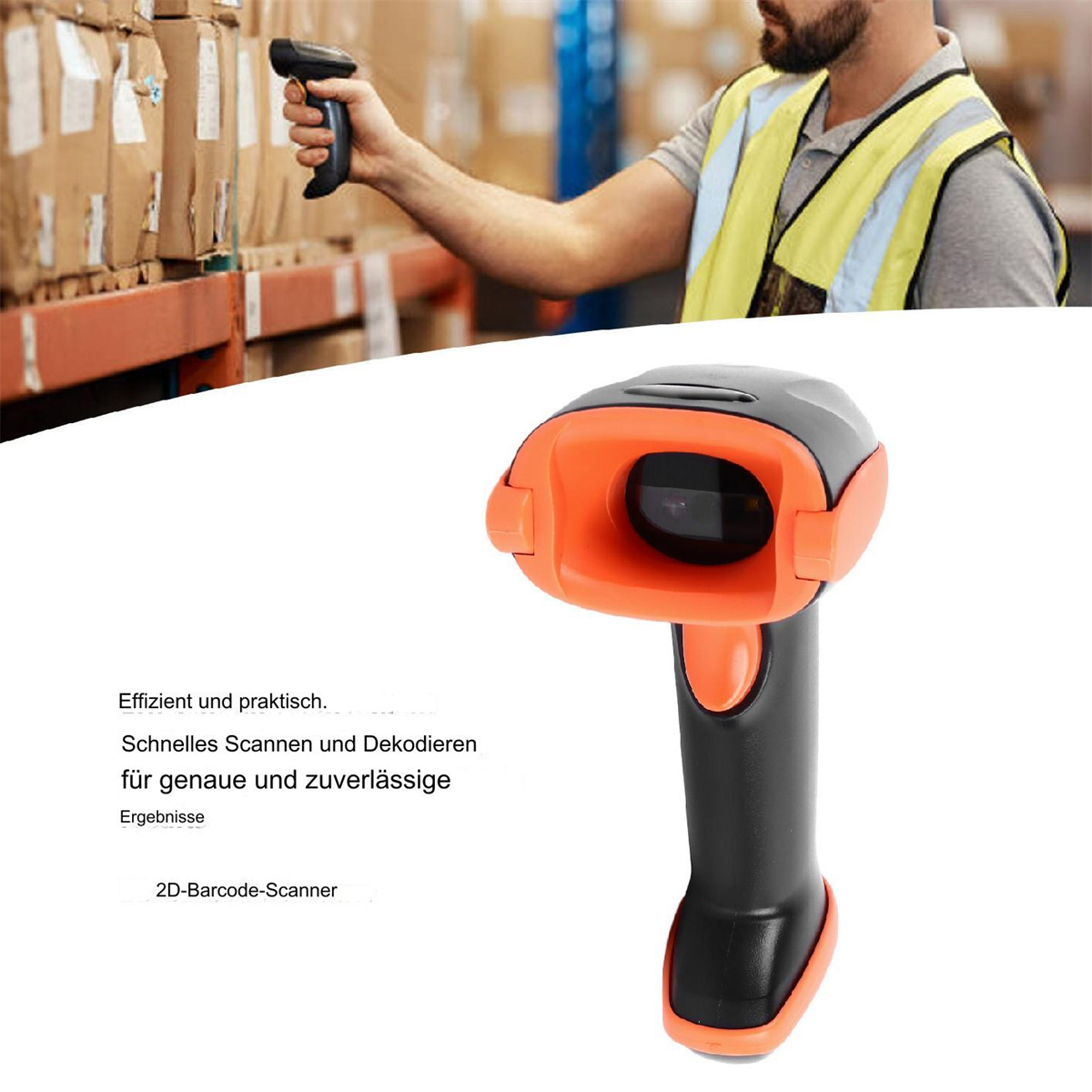 Nahaufnahme eines orange-schwarzen Barcode-Scanners, der von einer Person gehalten wird, mit verschwommenem Hintergrund.