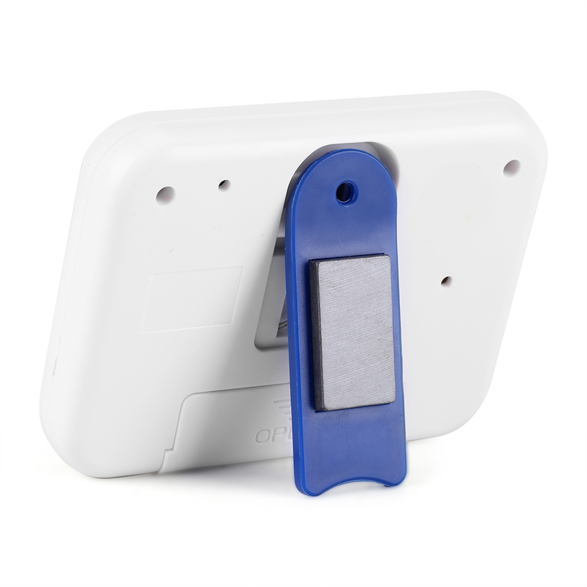 Weißer Timer mit blauem Ständer. Die Rückseite ist sichtbar.