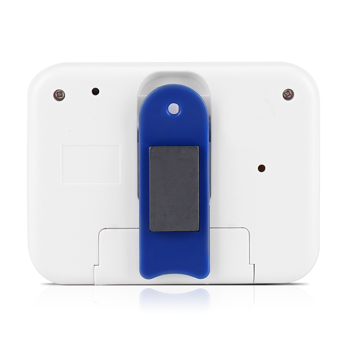 Ein weißer digitaler Küchentimer mit blauem Ständer und magnetischer Rückseite.