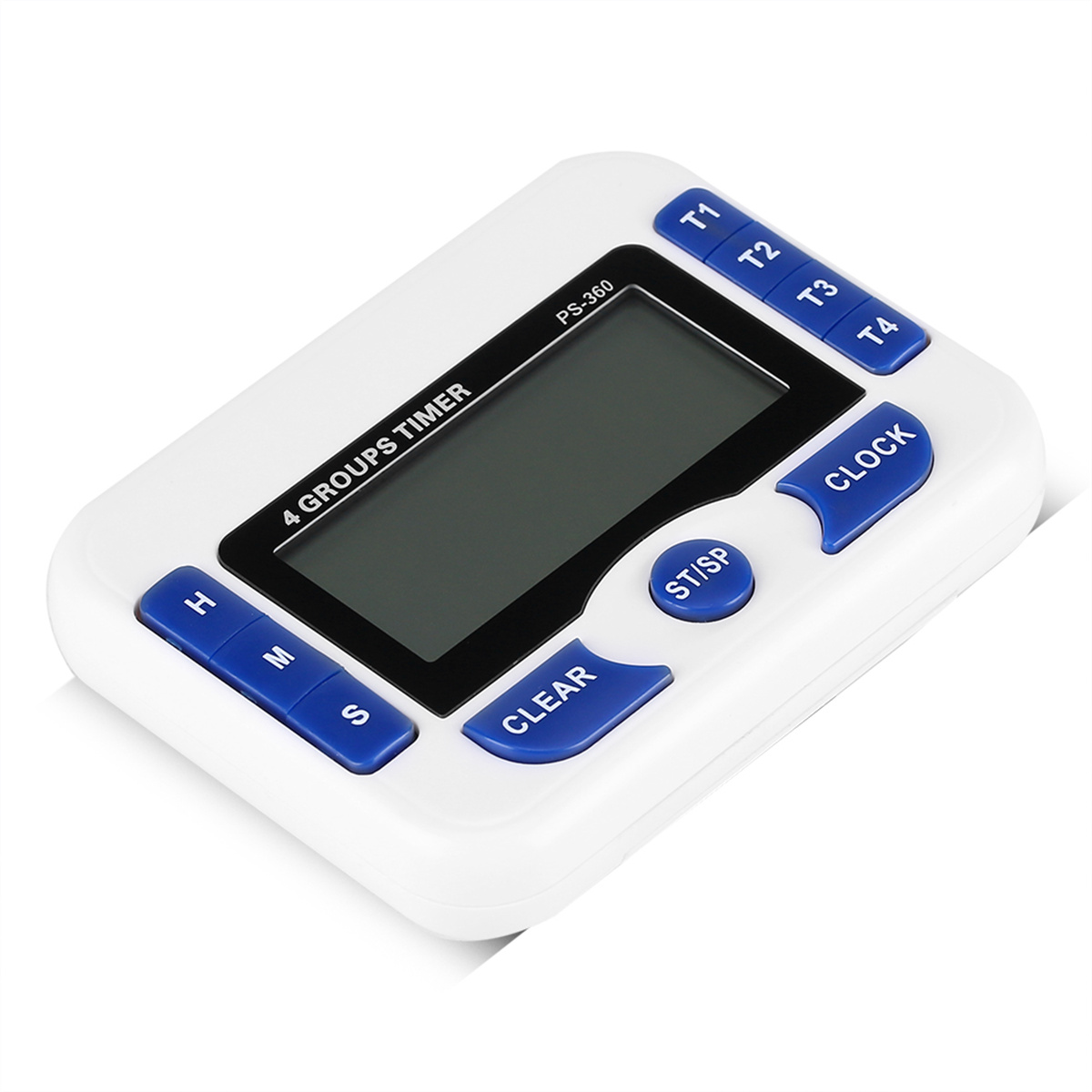 Weißer und blauer digitaler Küchentimer mit Knöpfen.