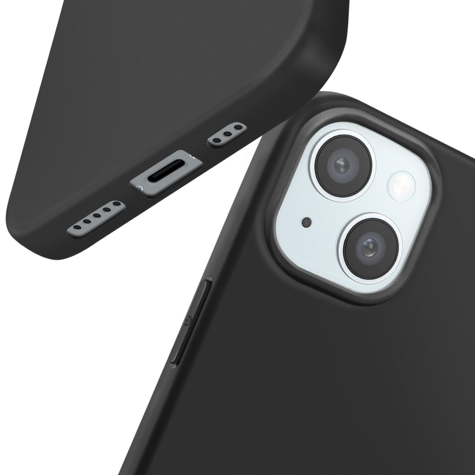 Close-up van twee zwarte telefoonhoesjes, met cameralens en zijdetails.