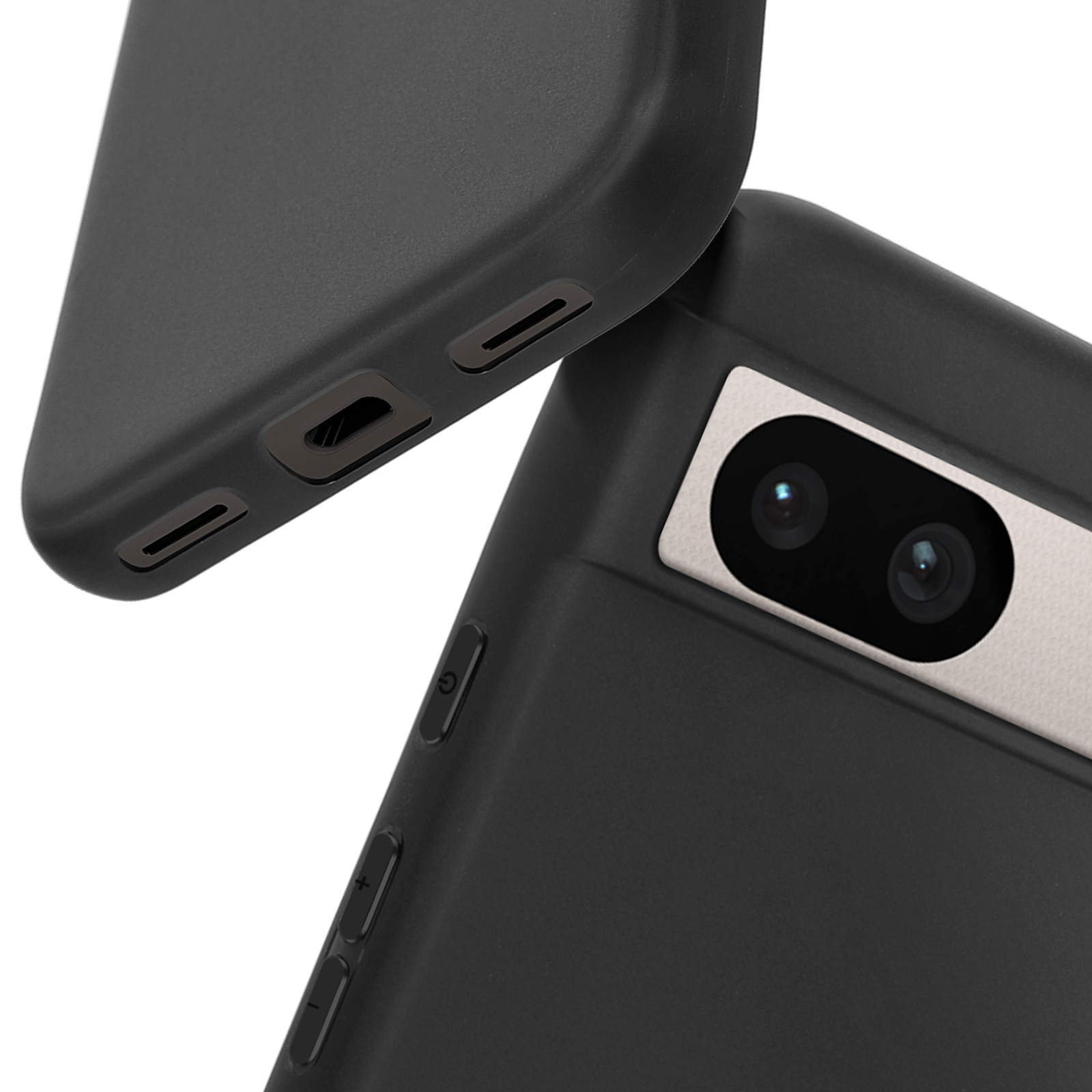 Twee zwarte telefoonhoesjes, een boven en een onder, die de camera laten zien.