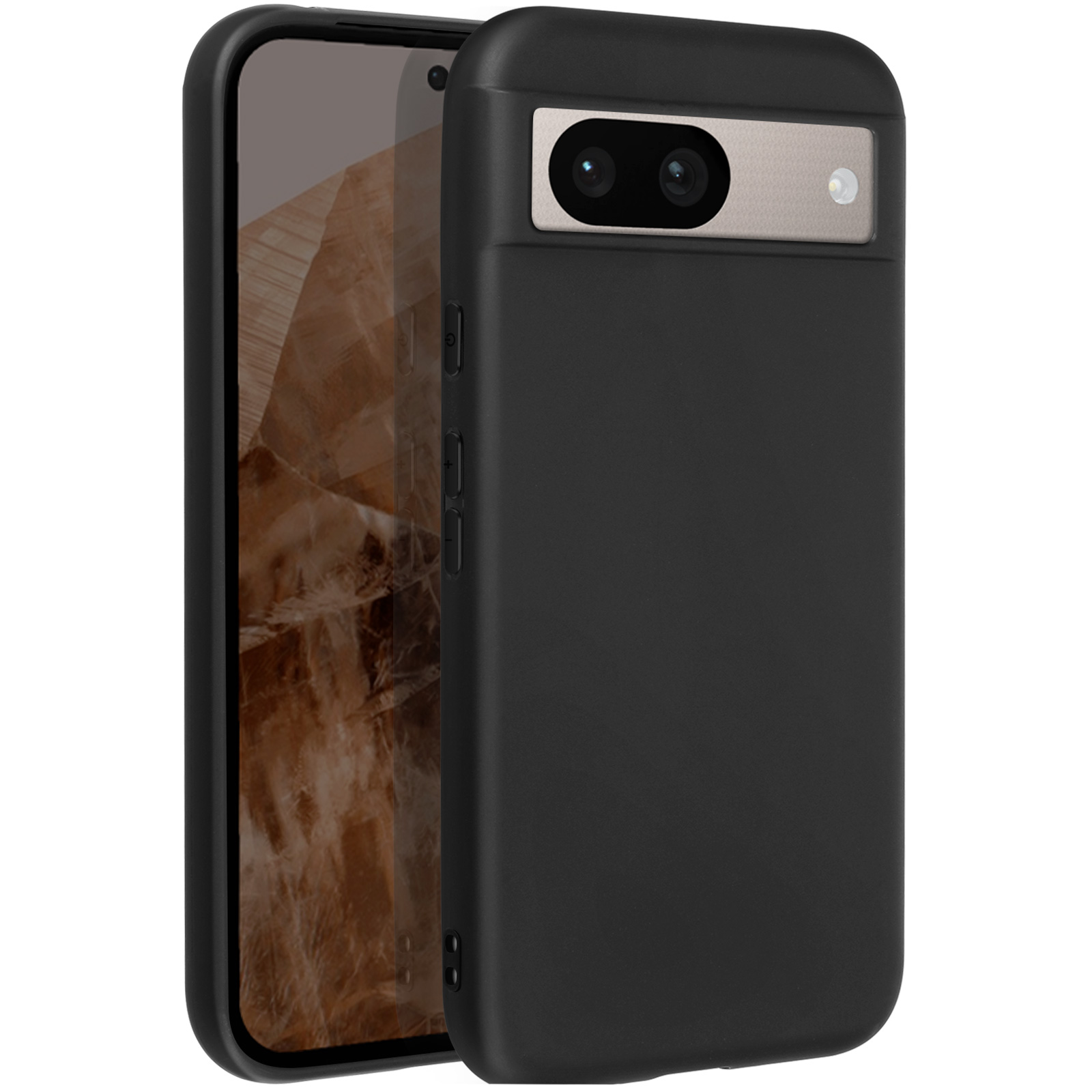 Zwarte telefoonhoes met een Google Pixel-telefoon erin. Zwarte hoes met camera.