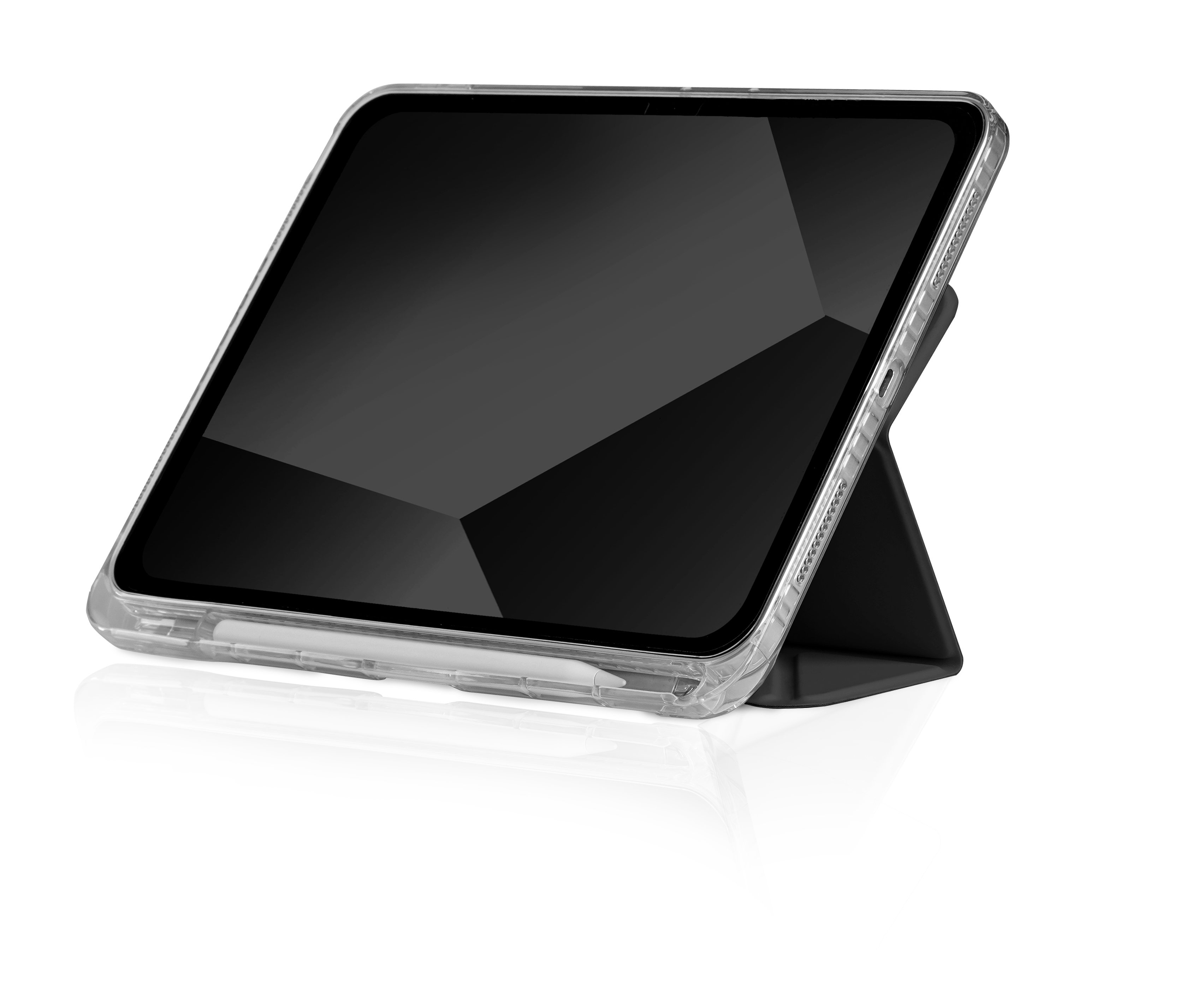 Tablet im Case auf einem Ständer. Stift ist im Case. Schwarzer Hintergrund.