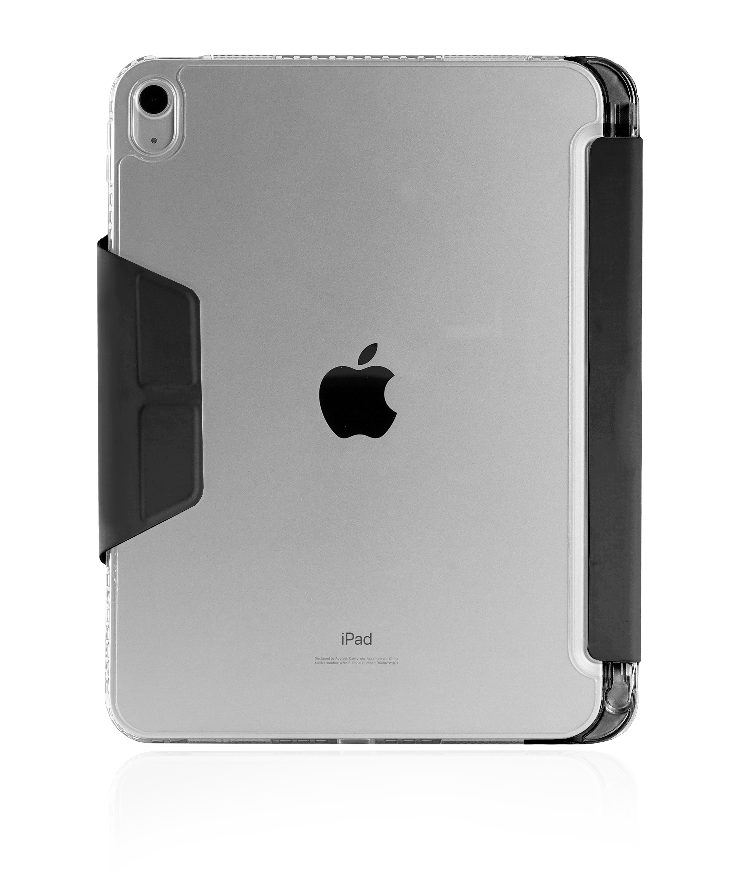 Rückseite eines iPads in einer transparenten Hülle mit schwarzen Akzenten.