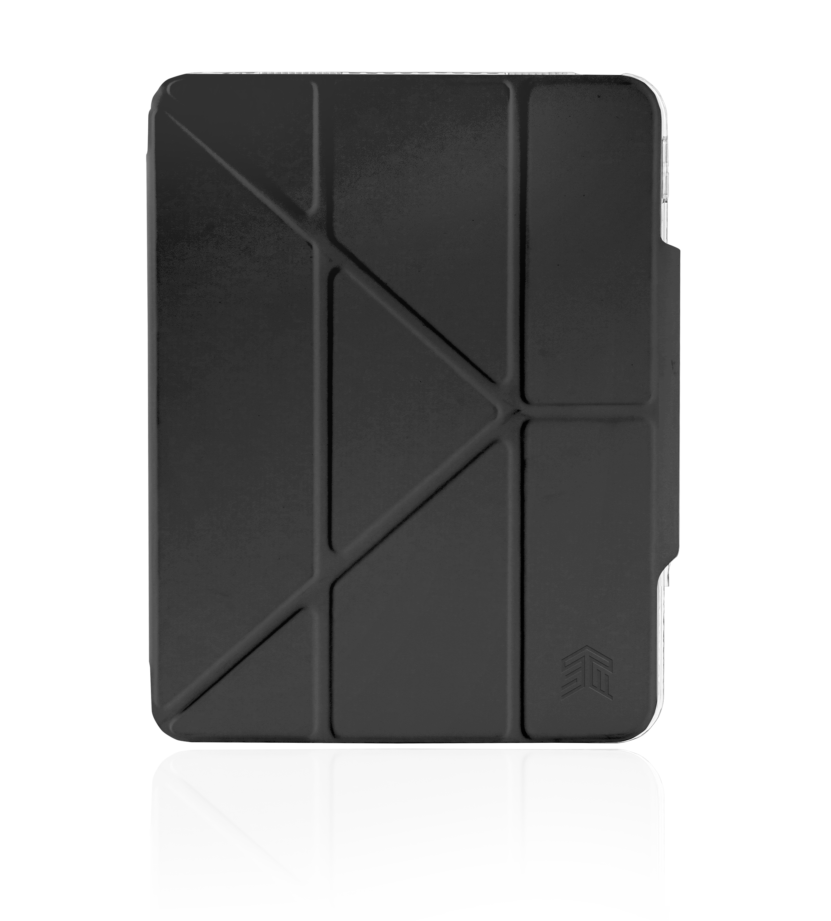 Eine schwarze Tablet-Hülle in gefalteter Position mit geometrischem Design auf der Vorderseite.