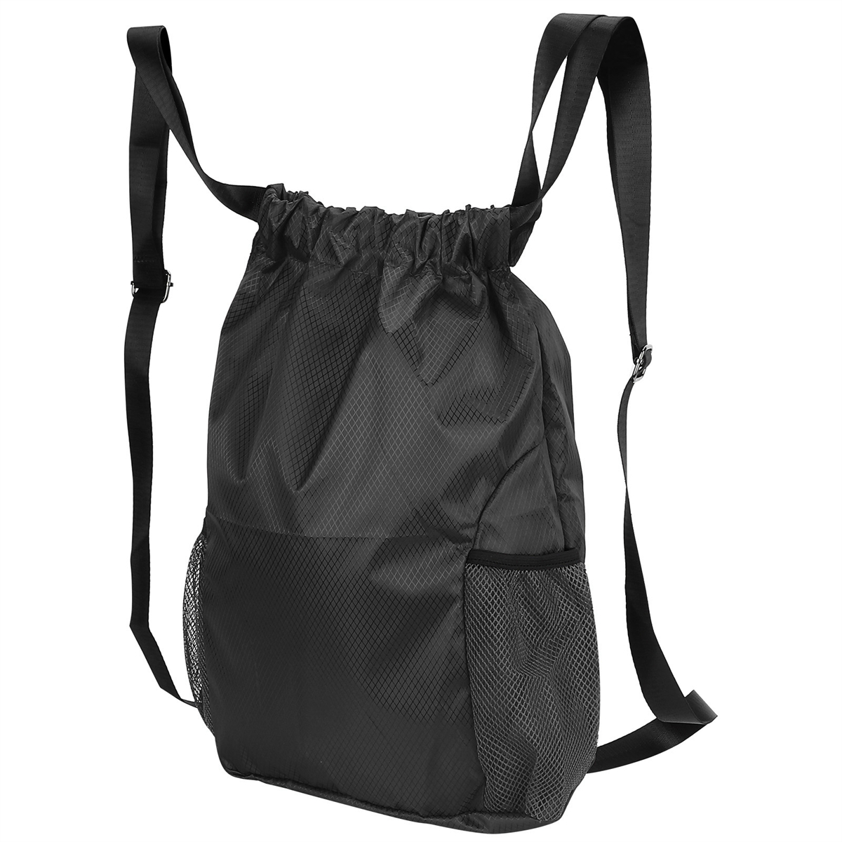 Schwarzer Rucksack mit Diamantmuster und Kordelzug mit Netztasche an der Seite.