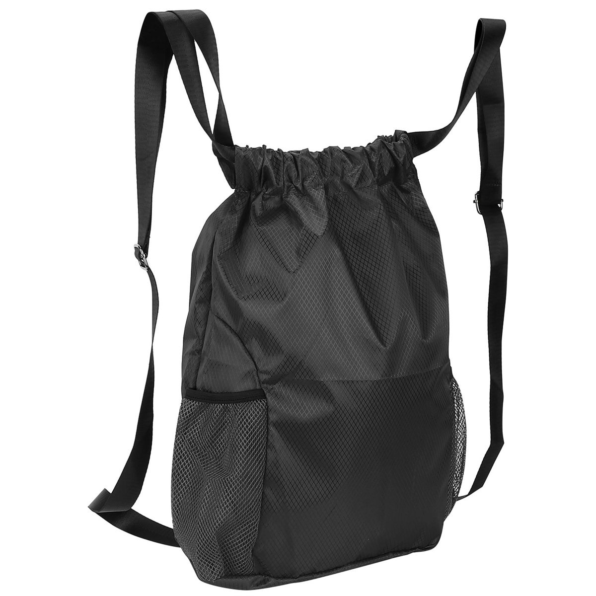 Schwarzer Rucksack mit Kordelzug, einer Seitentasche aus Netzstoff und verstellbaren Schultergurten.