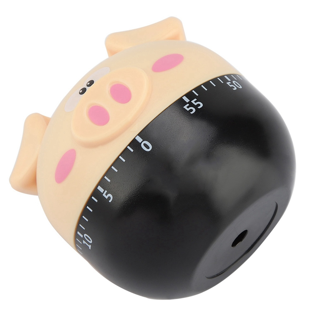 Schweineförmiger Küchentimer. Schwarze Basis mit weißen Zahlen auf dem Timer. Weißer Hintergrund.