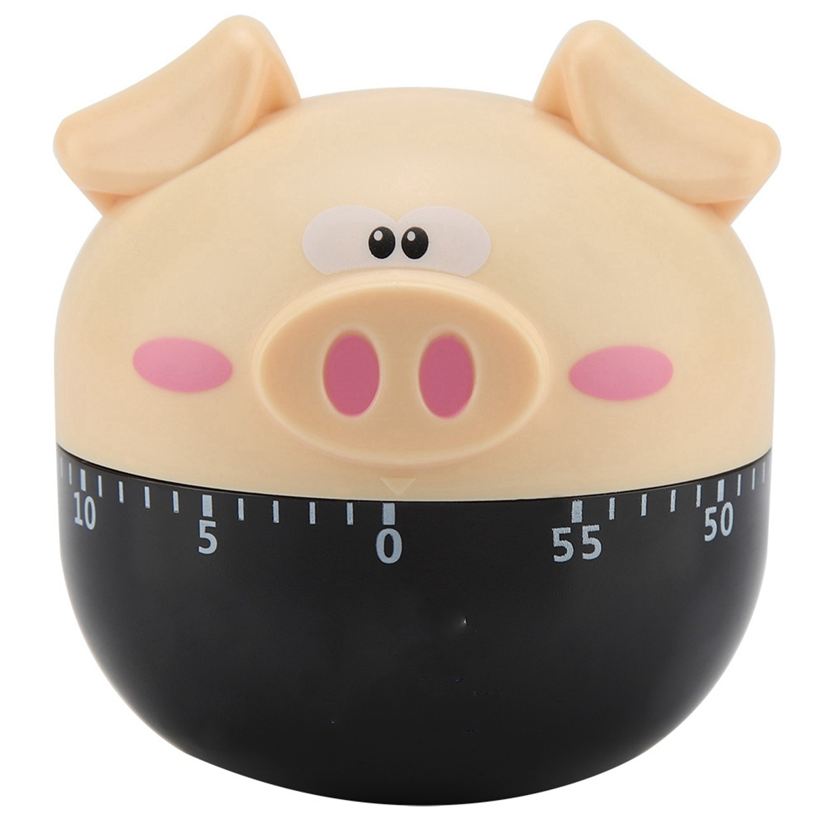 Ein schweineförmiger Küchentimer mit schwarzem Sockel, weißem Gesicht und rosa Wangen.