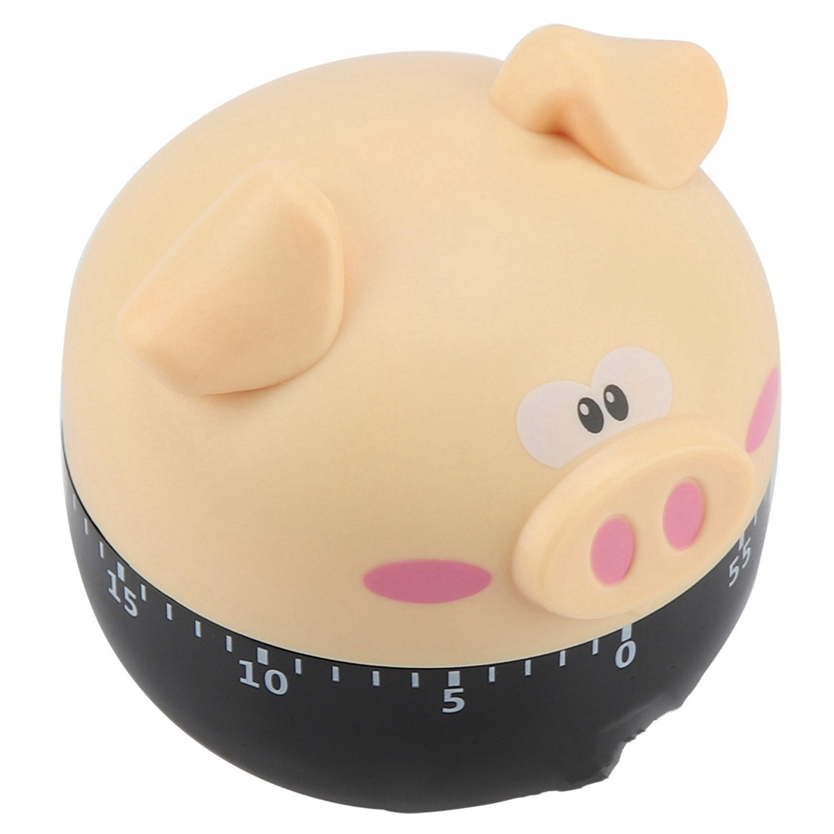 Schweineförmiger Timer. Schwarze Basis, rosa Schweinegesicht. Zahlen auf dem Timer.