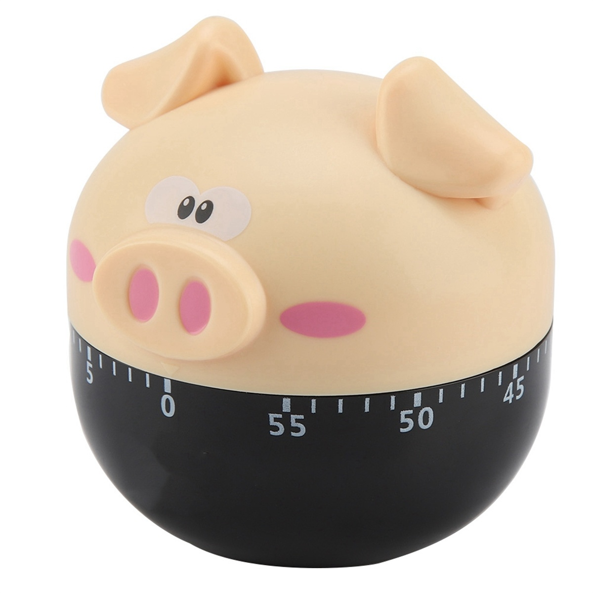 Schweineförmiger Küchentimer mit schwarzem Sockel und cremefarbenem Kopf. Der Timer zeigt 55 Minuten.