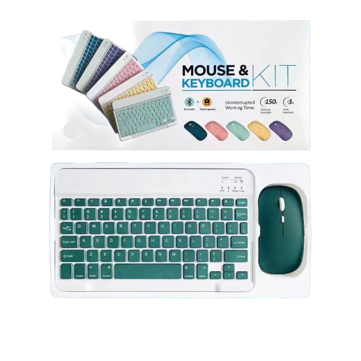 Tastatur- und Maus-Kit. Die Tastatur ist grün, die Maus ist grün. Weißer Hintergrund.