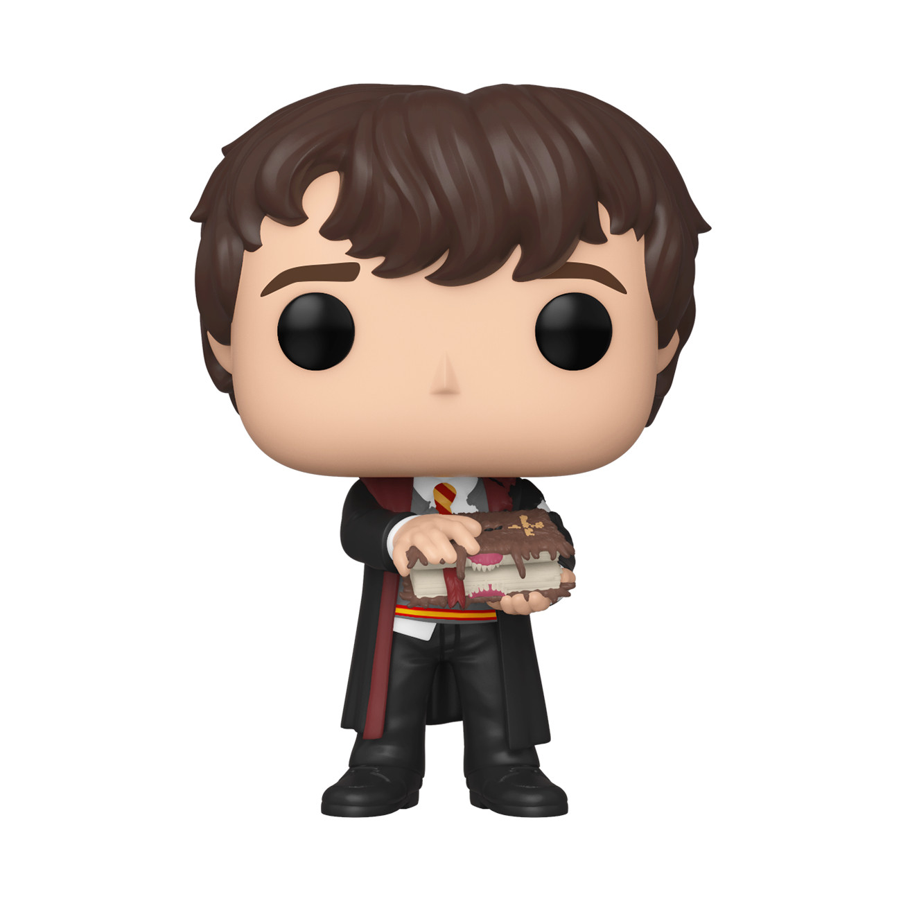 Figurka Funko Pop Harry'ego Pottera trzymająca książkę. Białe tło.