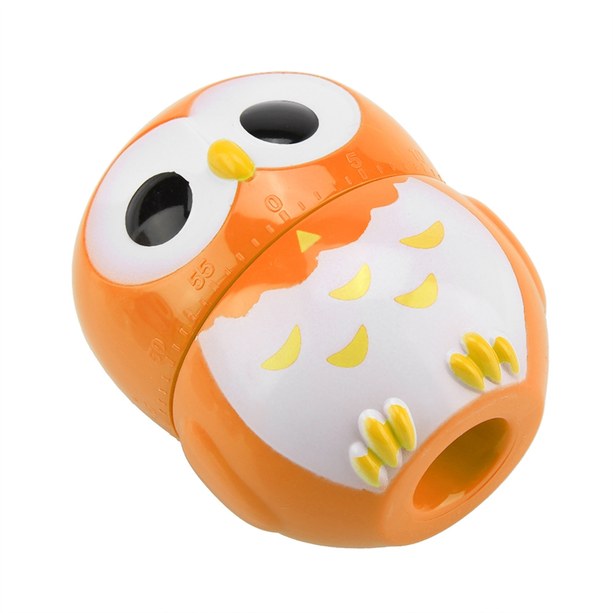 Orangener eulenformiger Küchentimer mit schwarzen Augen und weißen Details, Zifferblätter sichtbar.