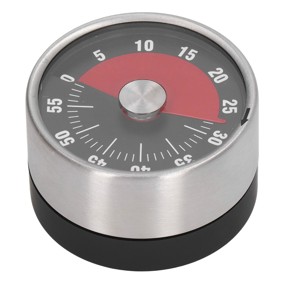 Ein Timer mit schwarzer Basis und silbernem Ring. Roter Abschnitt zeigt 25 Minuten. Zahlen sind sichtbar.