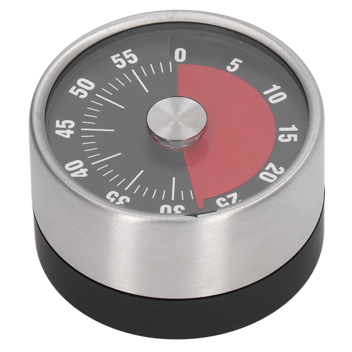 Ein Timer mit schwarzem Zifferblatt, silbernem Rand und rotem Abschnitt, der die Zeit anzeigt.