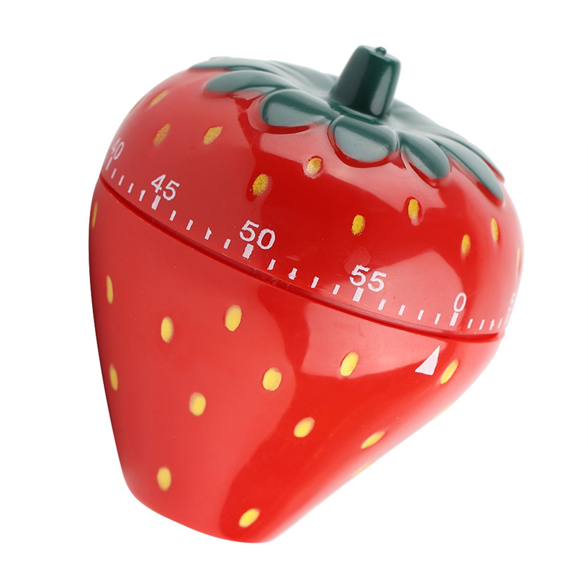 Roter erdbeerförmiger Küchentimer mit gelben Kernen. Weißer Hintergrund.