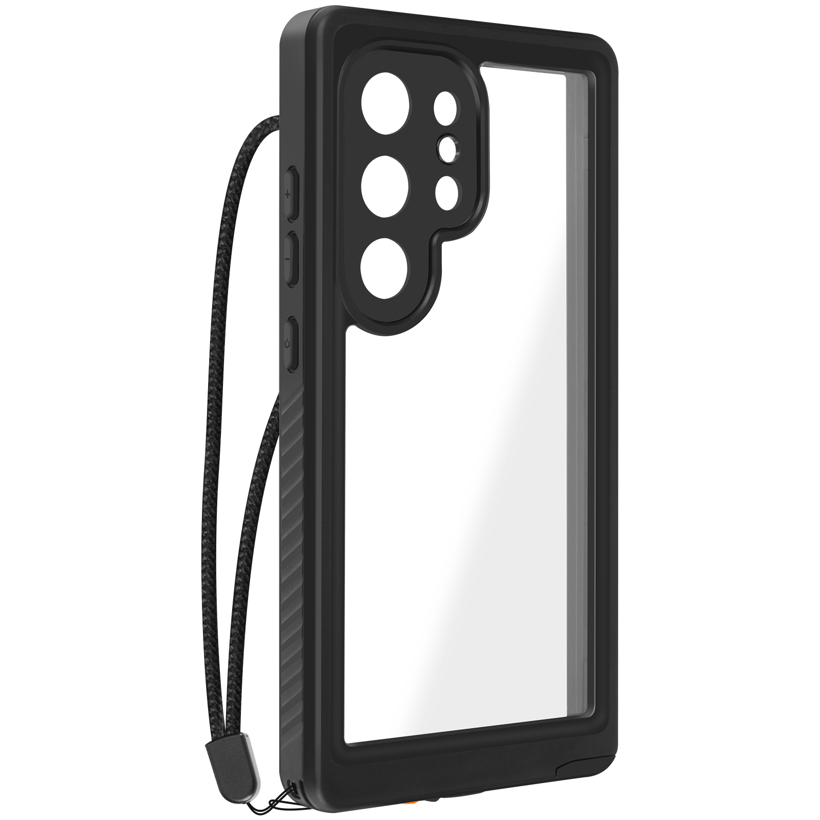 Una custodia per telefono nera con retro trasparente e cordino nero.