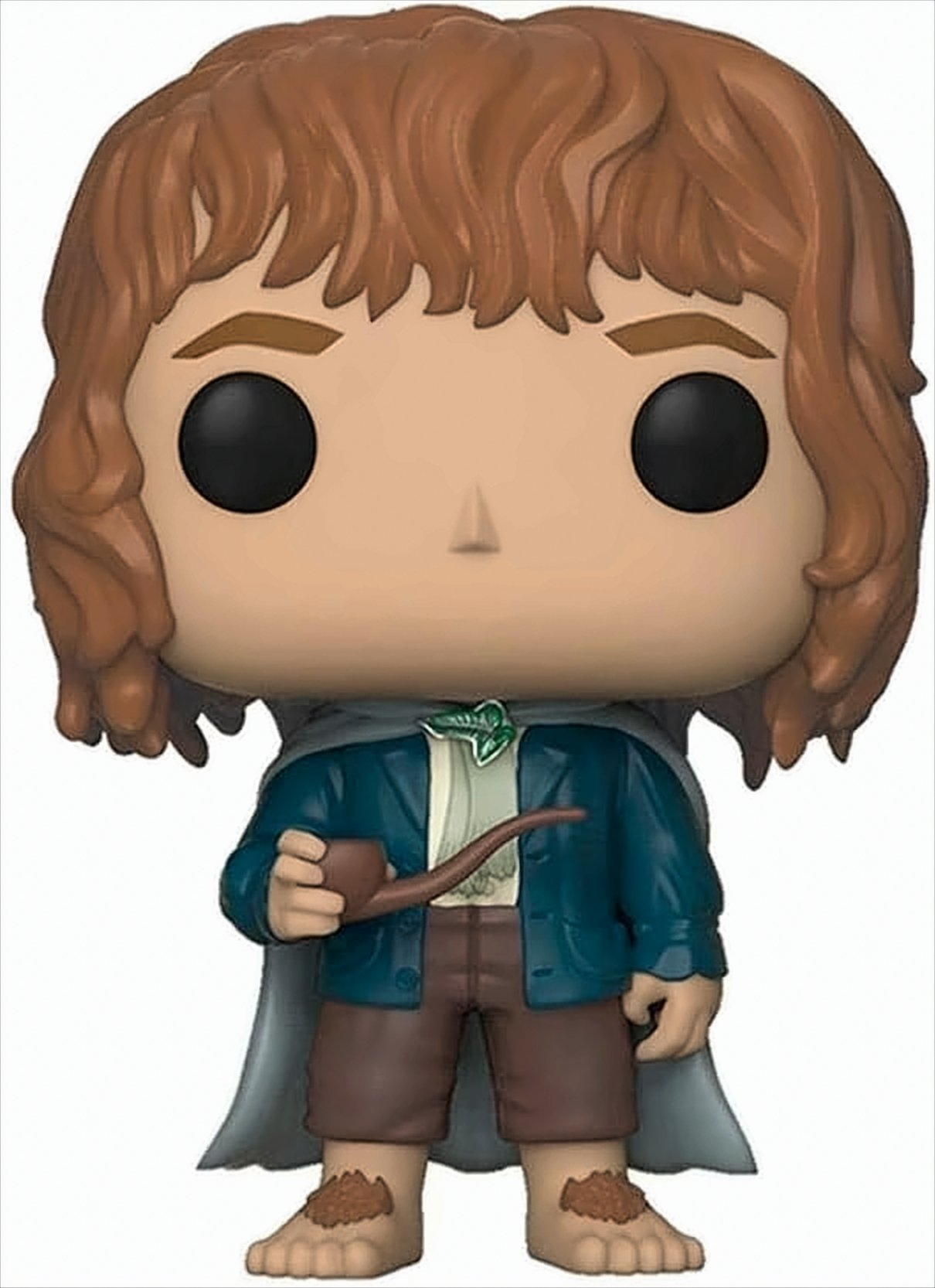 Une figurine Funko Pop d'un hobbit, avec des cheveux bruns, portant une cape et une pipe.