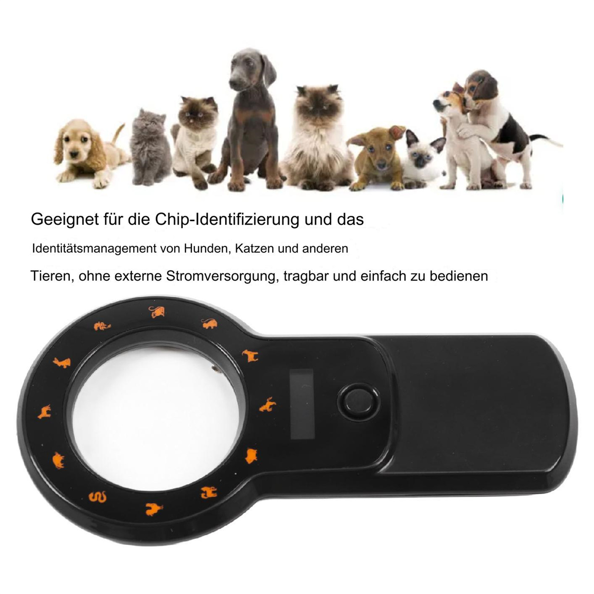 Werkzeug zur Identifizierung von Haustieren mit einer Gruppe von Hunden und Katzen im Hintergrund.