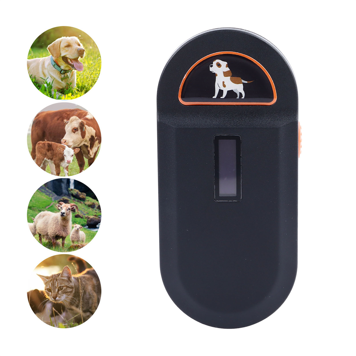 Schwarzer Haustier-Tracker mit Tierbildern, Hund, Kuh, Schaf und Katze. Rechts ein schwarzes Gerät.