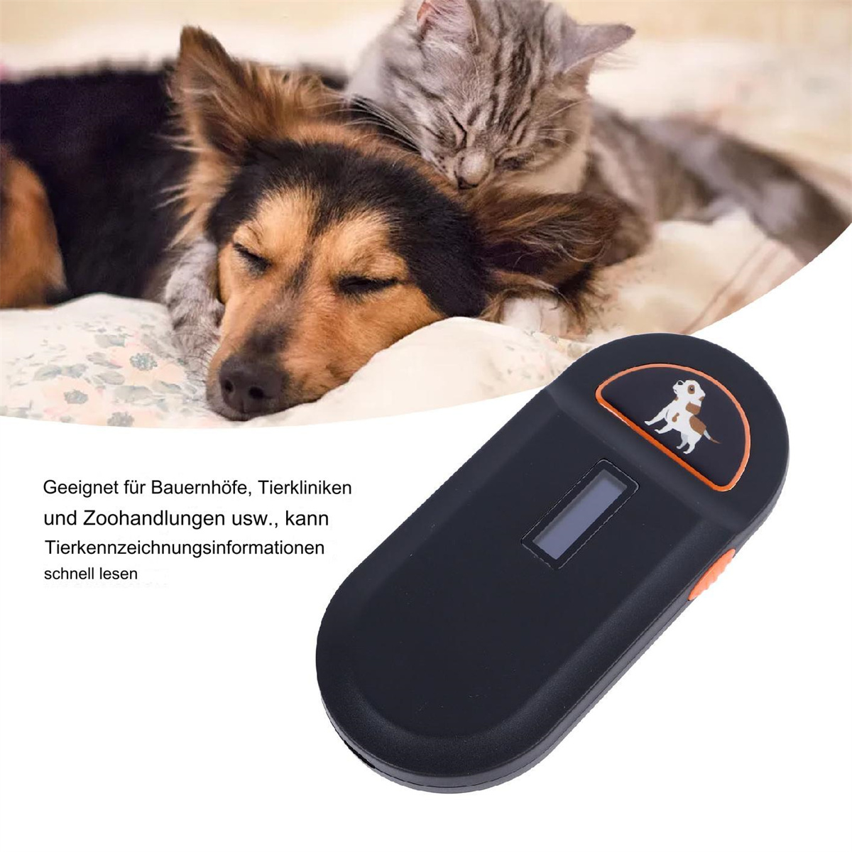 Hund und Katze liegen zusammen. Ein Gerät mit Display und Logo befindet sich im Vordergrund.
