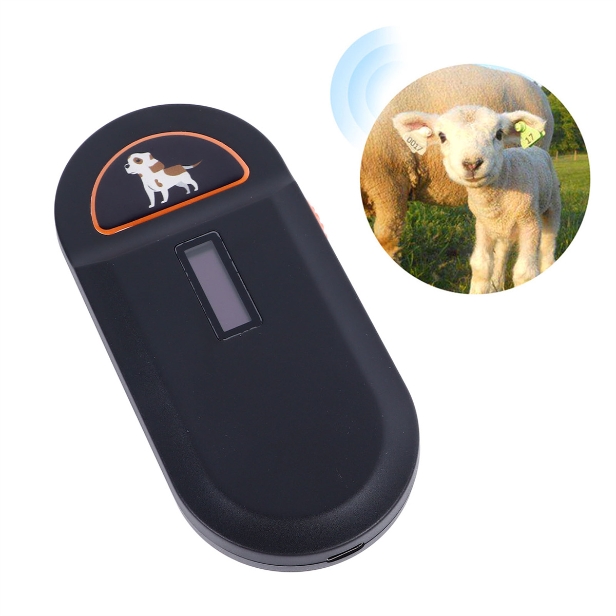 Ein schwarzes Gerät mit einem Hunde-Logo und einem Lamm mit einem Etikett am Ohr.