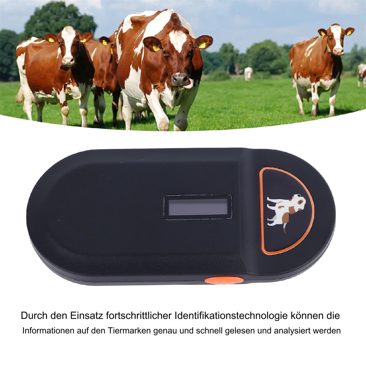 Schwarzer Tierscanner mit Kühen im Hintergrund, auf einer Wiese.