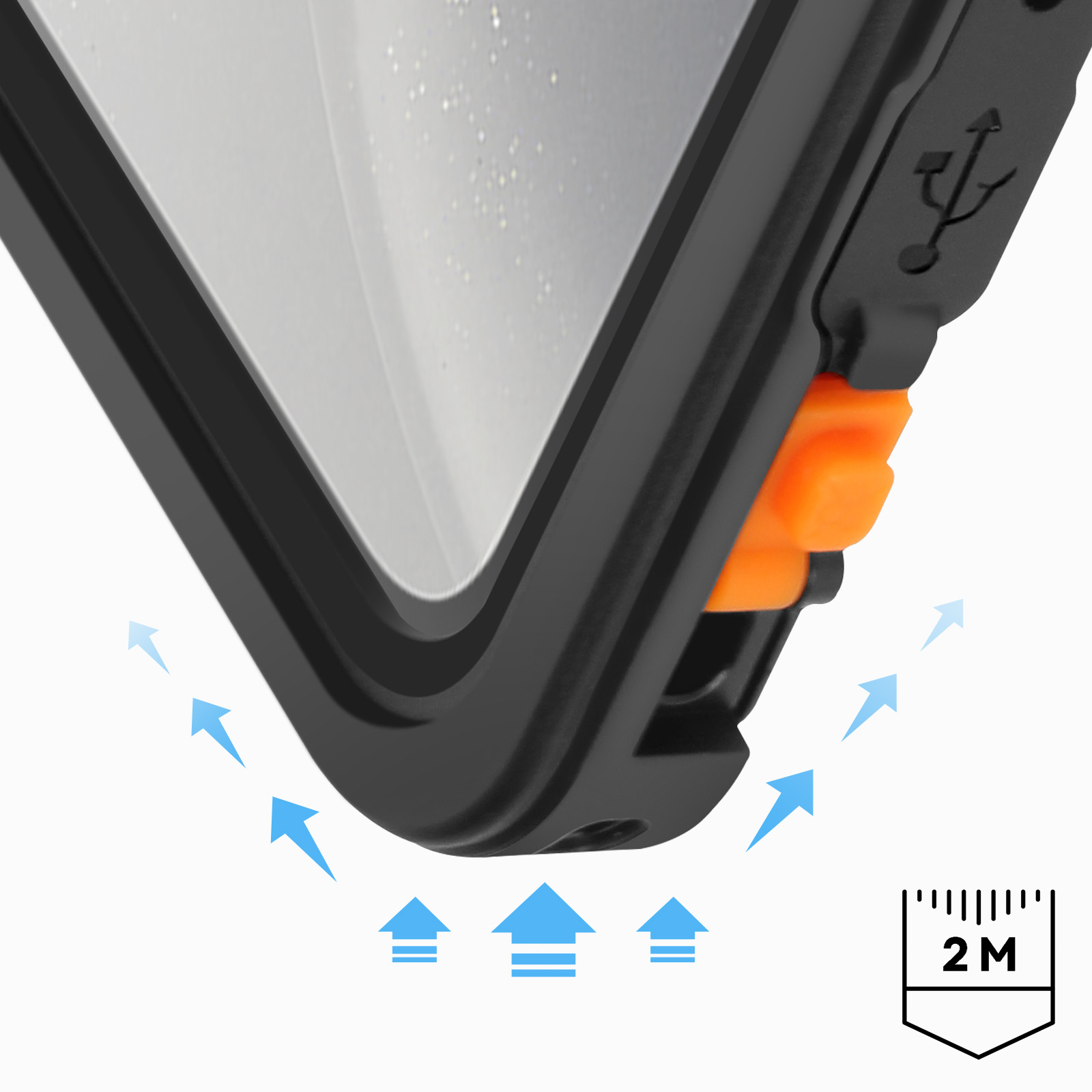 Zwarte telefoonhoes met oranje knop en USB-poort. Pijlen geven luchtstroom van onderaf aan.