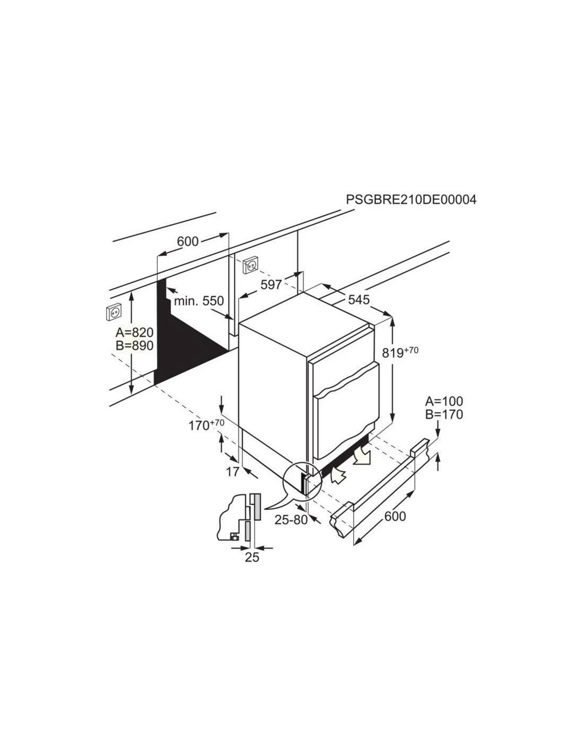 Disegno tecnico di un frigorifero da incasso con dimensioni e dettagli di installazione.