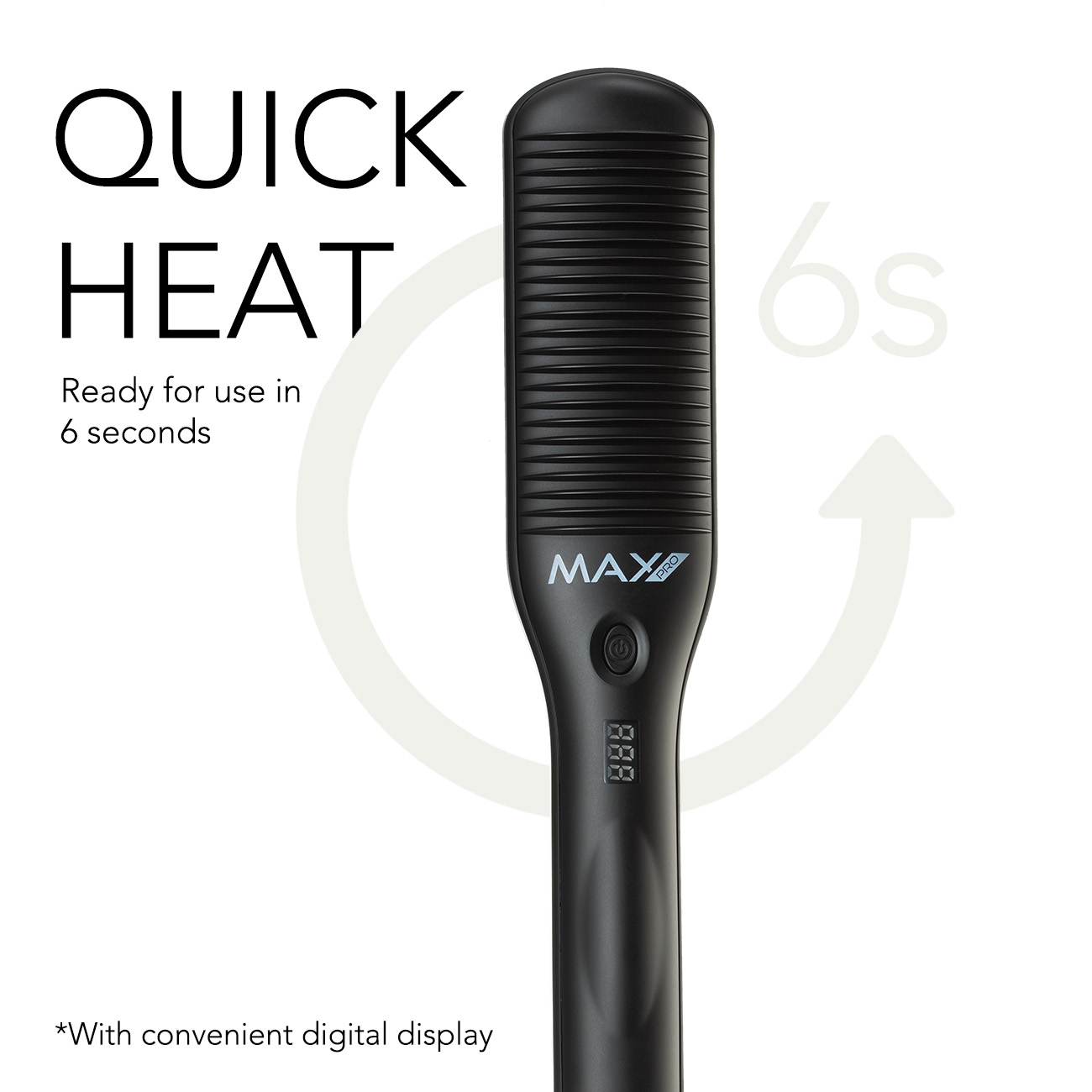 Piastra per capelli nera con testo 'QUICK HEAT' e icona 6s, sfondo bianco.