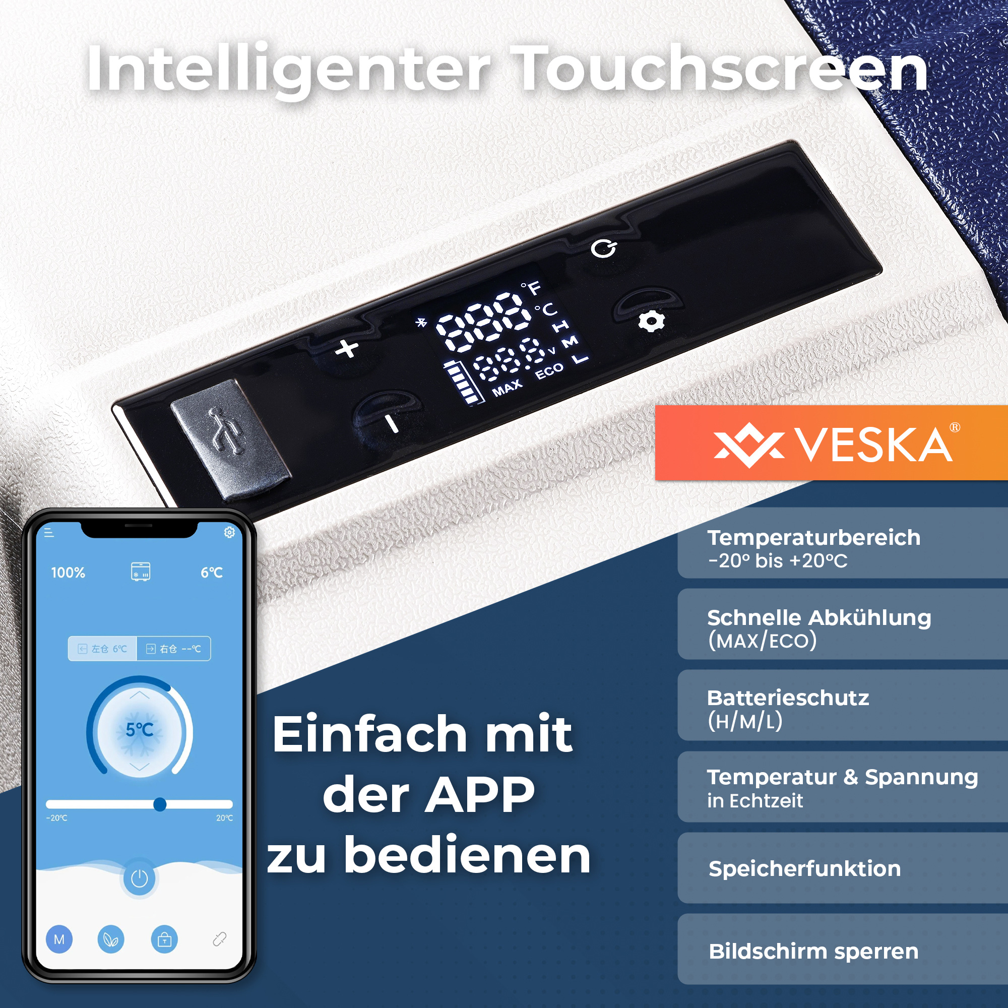 Eine Digitalanzeige mit Temperatur und App auf einem Telefon, mit Text über das Gerät.