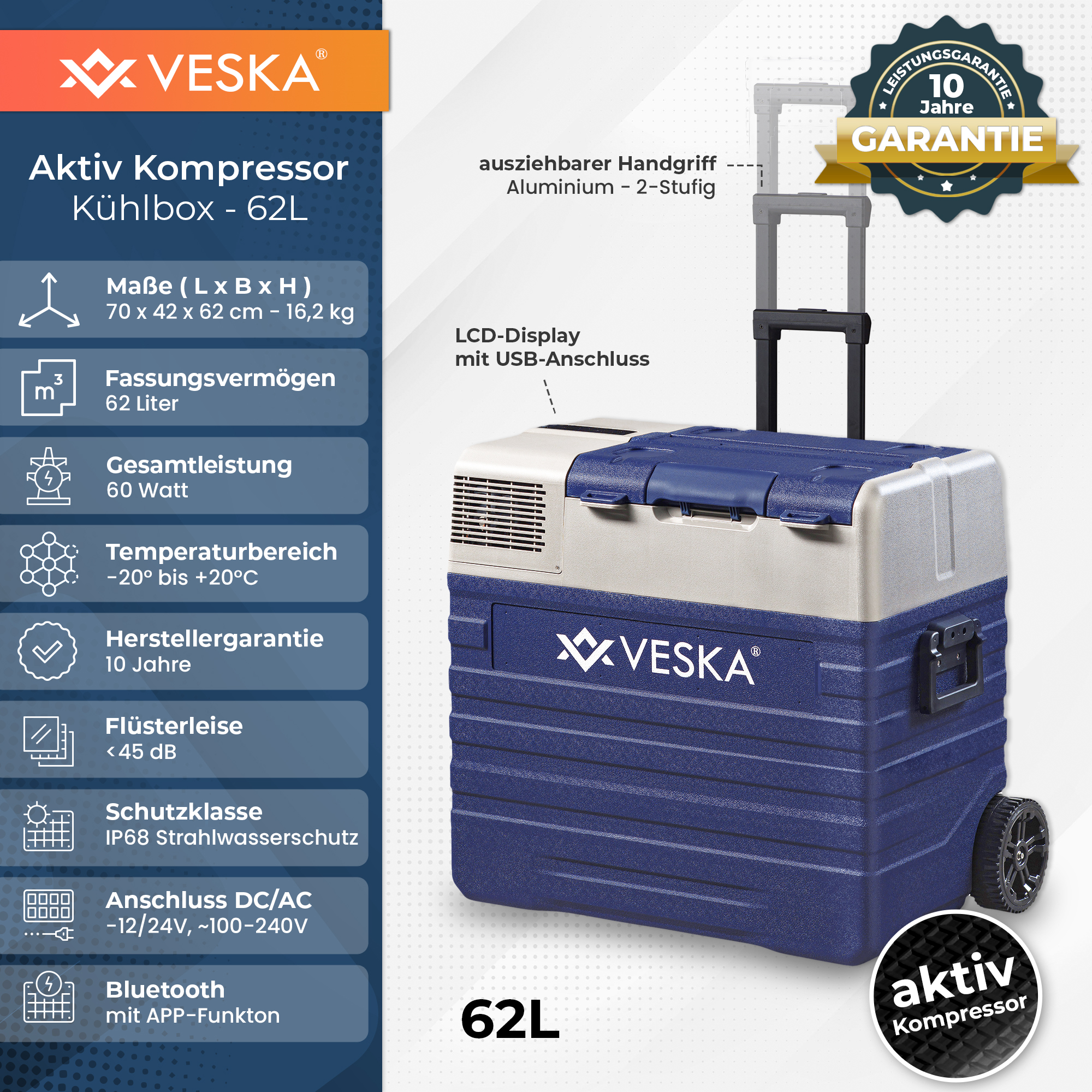 Blau-weiße tragbare Kühlbox mit Griff, Rädern und Produktinformationen an der Seite.