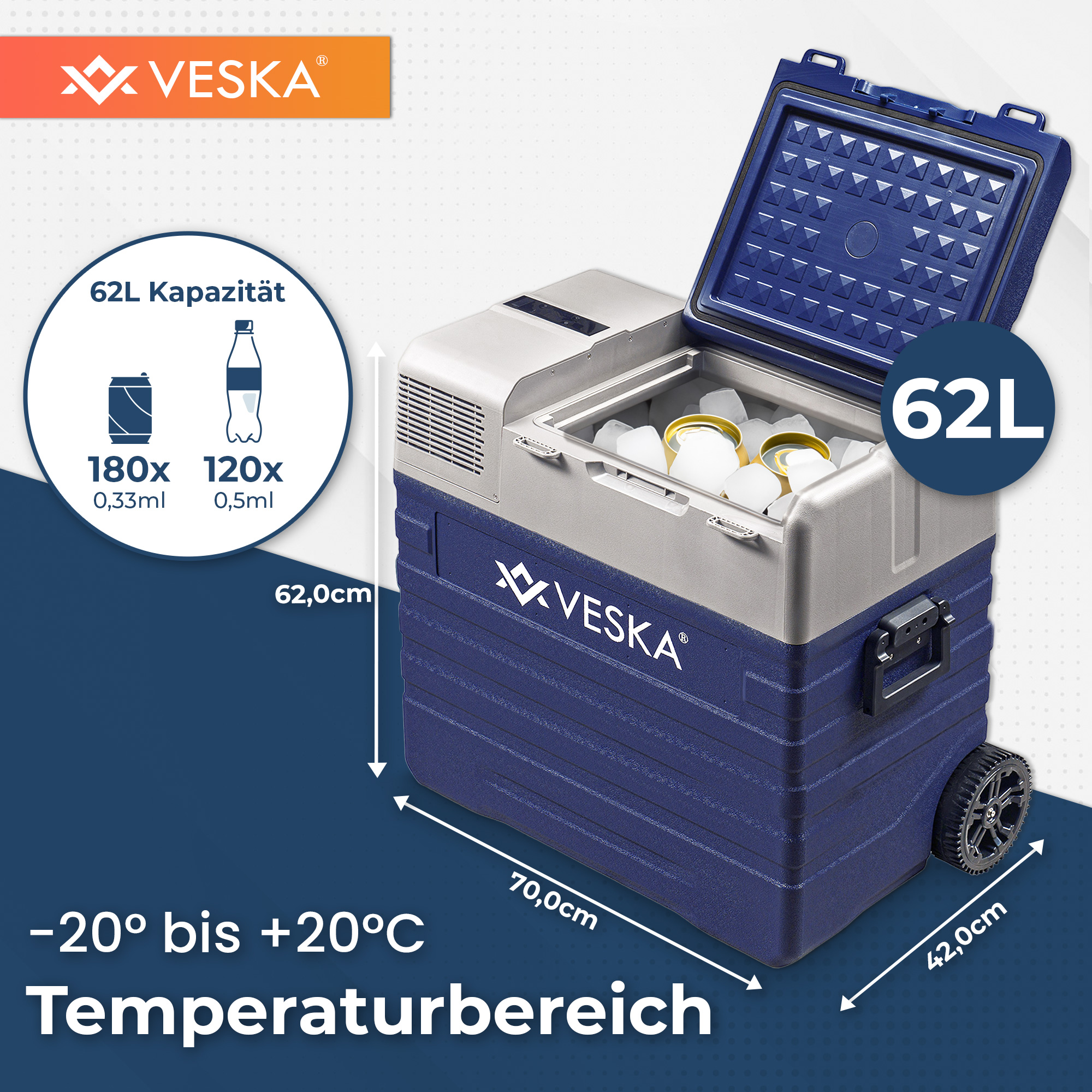 Eine blaue und graue Kühlbox mit offenem Deckel, die Gegenstände im Inneren und Maße zeigt.