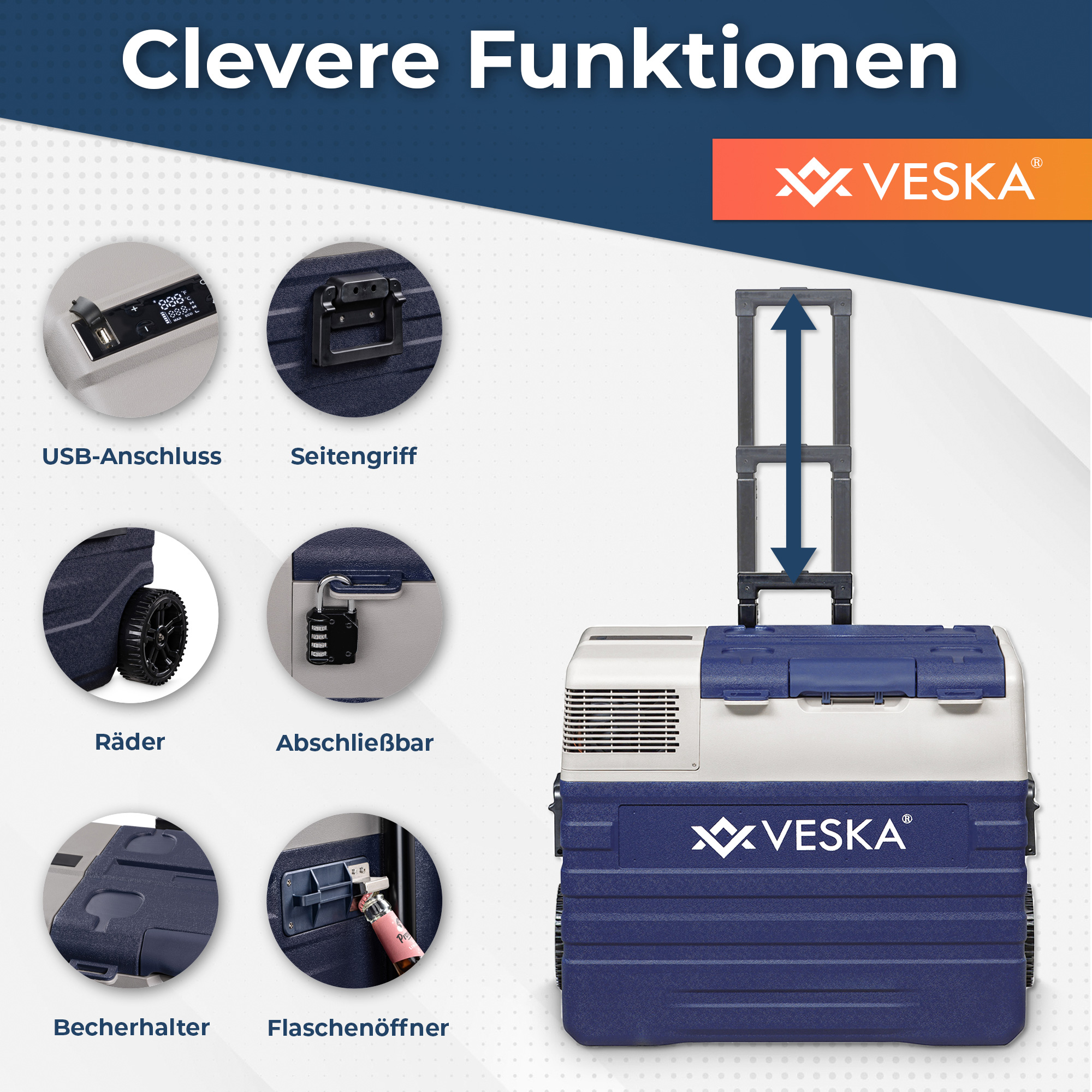 Blau-weiße Kühlbox mit USB, Griff, Rädern, Schloss, Becherhalter und Flaschenöffner.